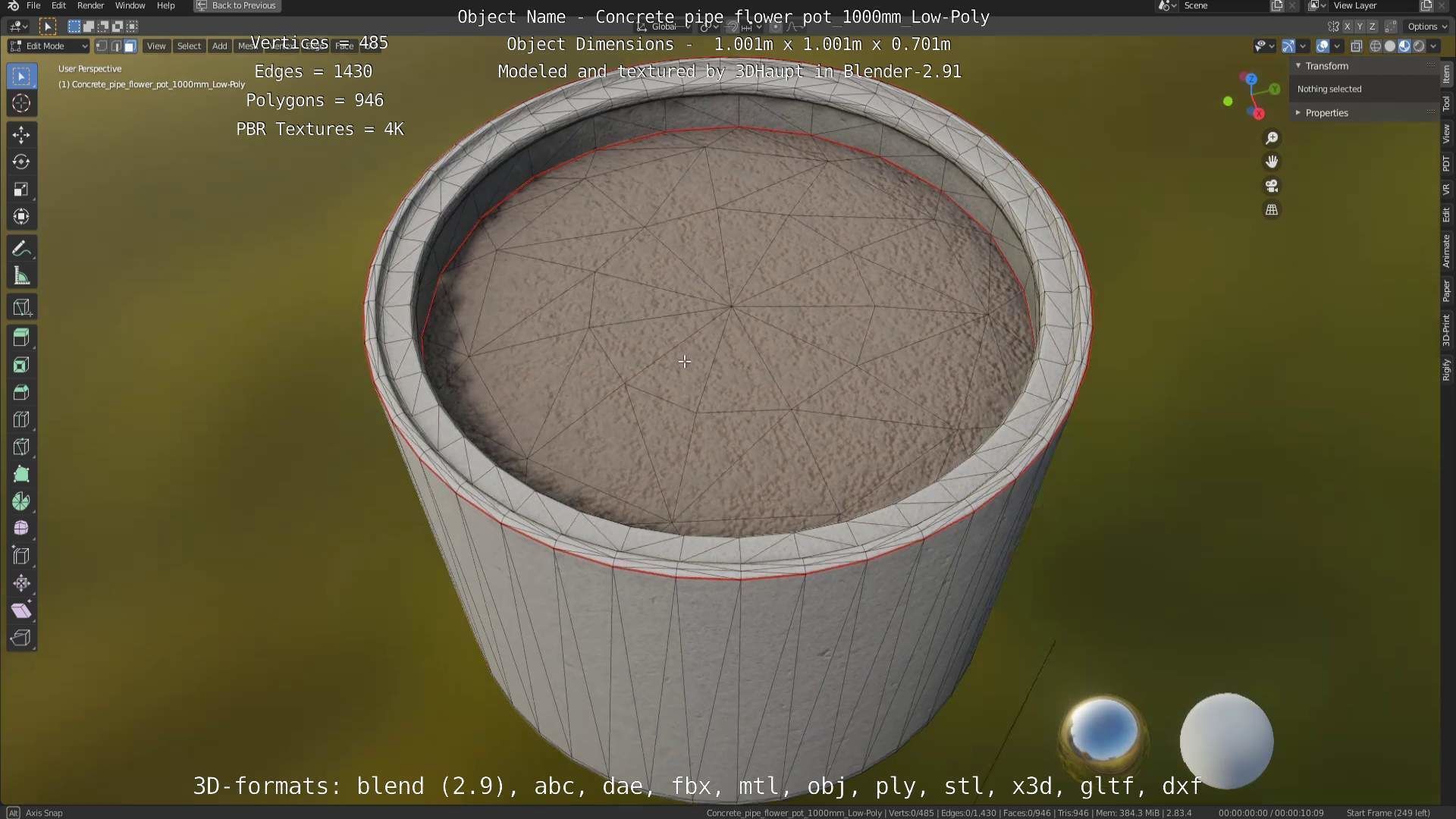 Concrete Pipe Flower Pot 1000mm Low-Poly Low-poly 3D model_79