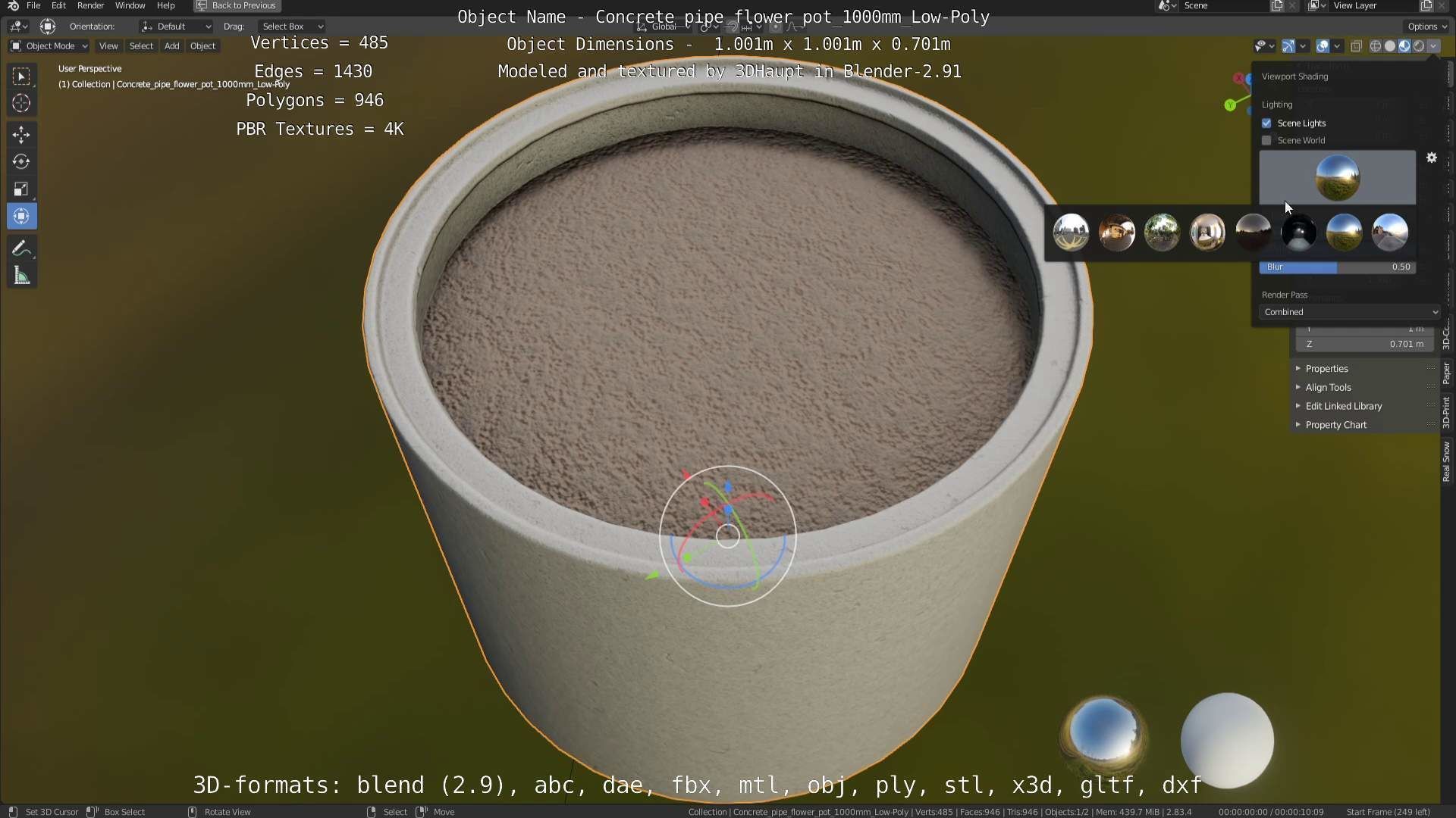 Concrete Pipe Flower Pot 1000mm Low-Poly Low-poly 3D model_98