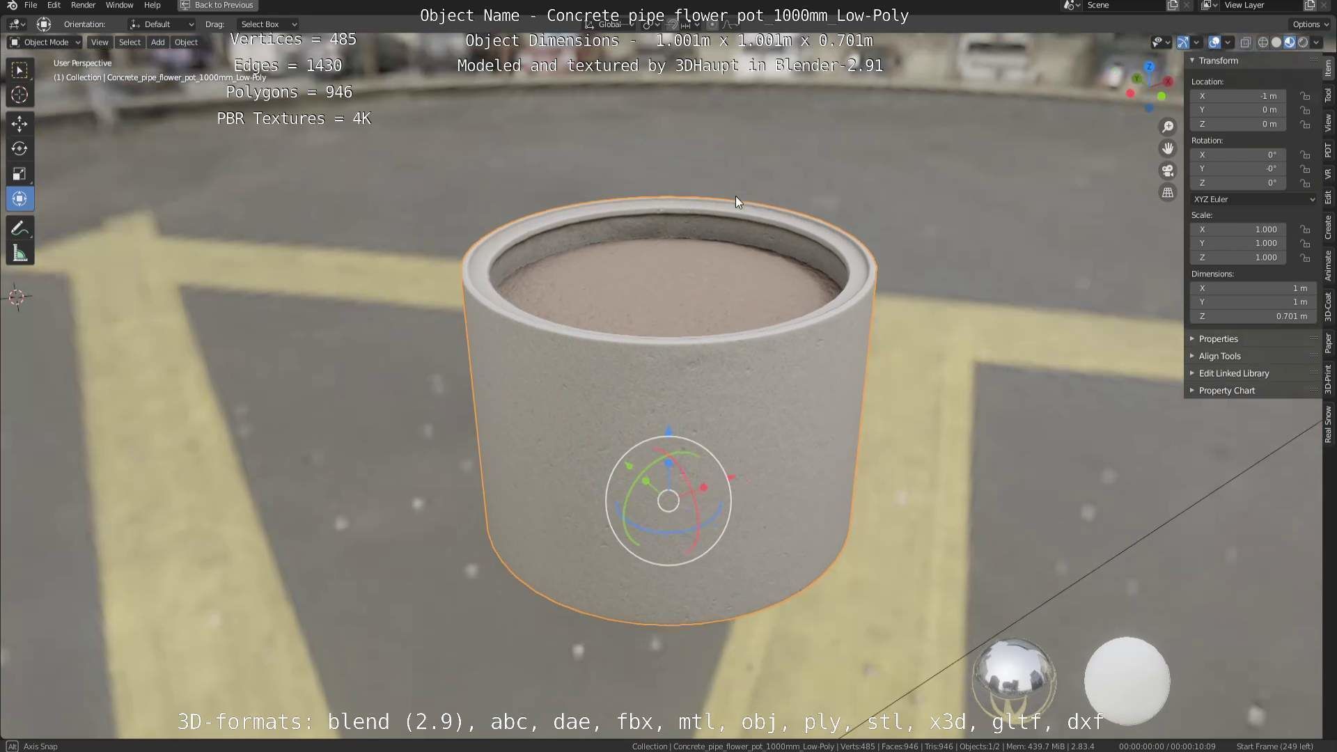 Concrete Pipe Flower Pot 1000mm Low-Poly Low-poly 3D model_103