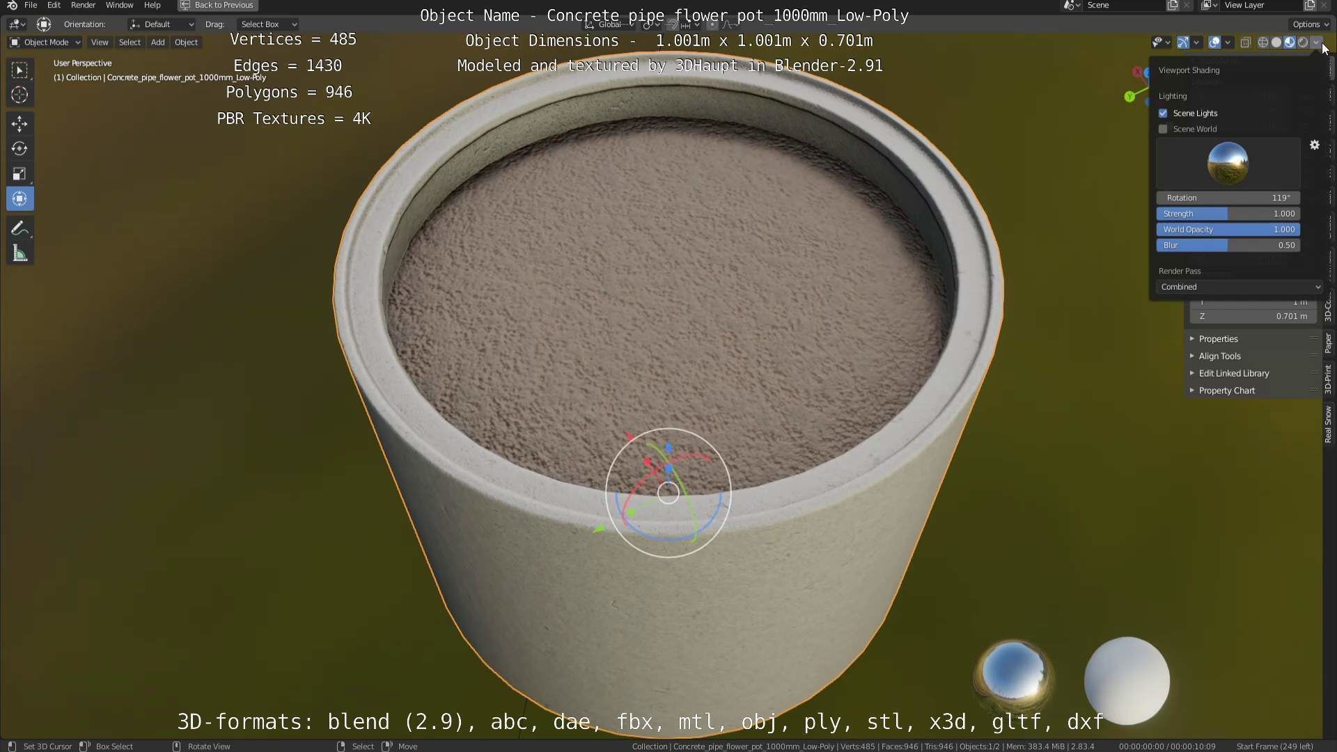 Concrete Pipe Flower Pot 1000mm Low-Poly Low-poly 3D model_95