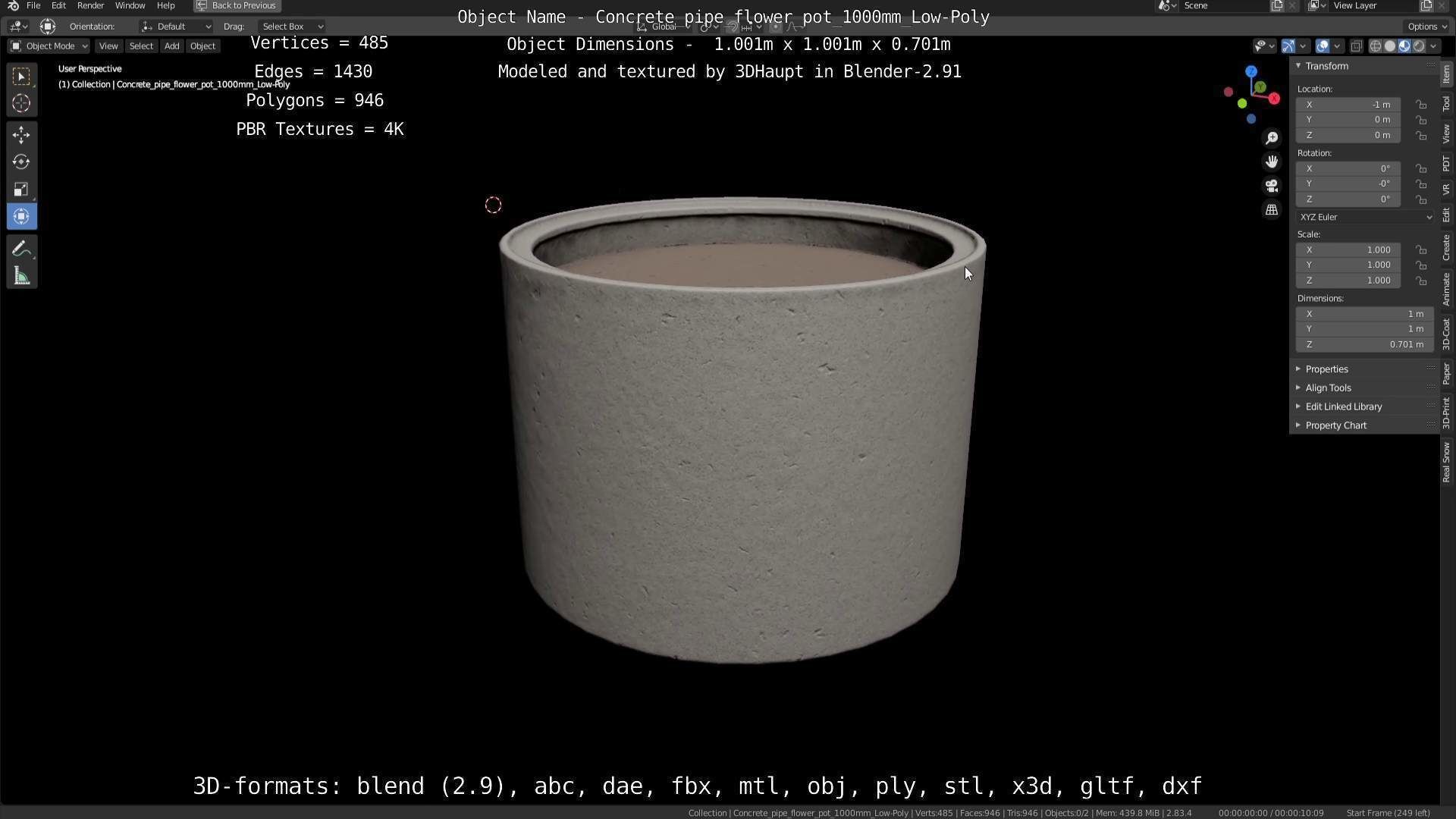 Concrete Pipe Flower Pot 1000mm Low-Poly Low-poly 3D model_130