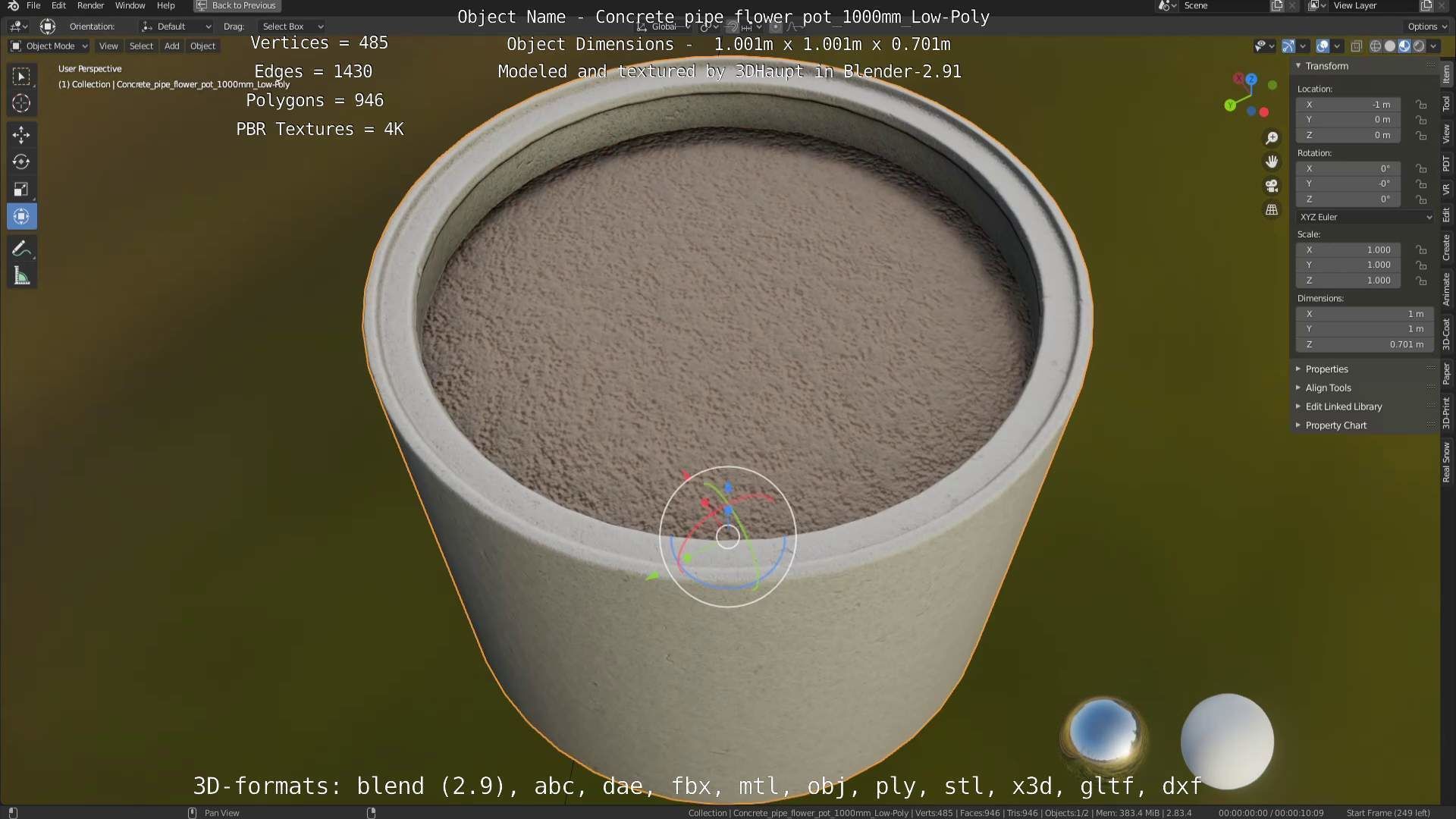 Concrete Pipe Flower Pot 1000mm Low-Poly Low-poly 3D model_91