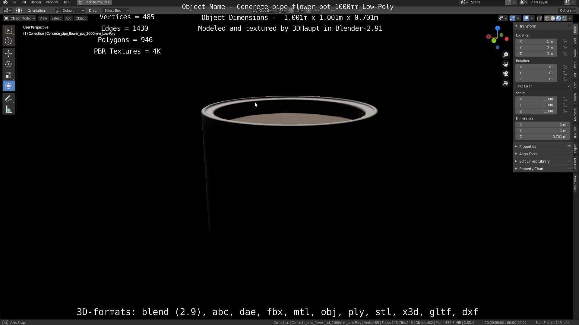 Concrete Pipe Flower Pot 1000mm Low-Poly Low-poly 3D model_114