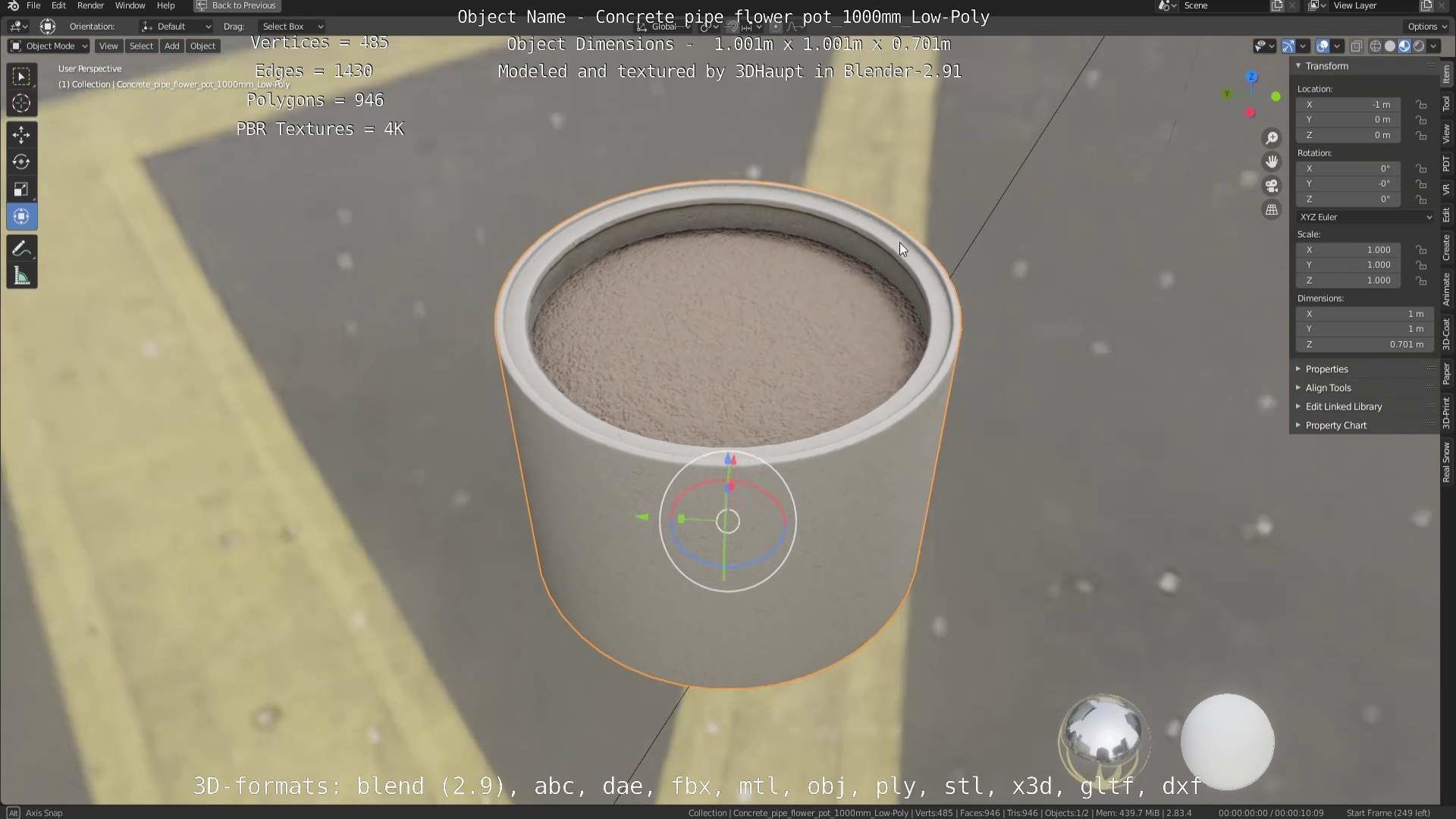 Concrete Pipe Flower Pot 1000mm Low-Poly Low-poly 3D model_102