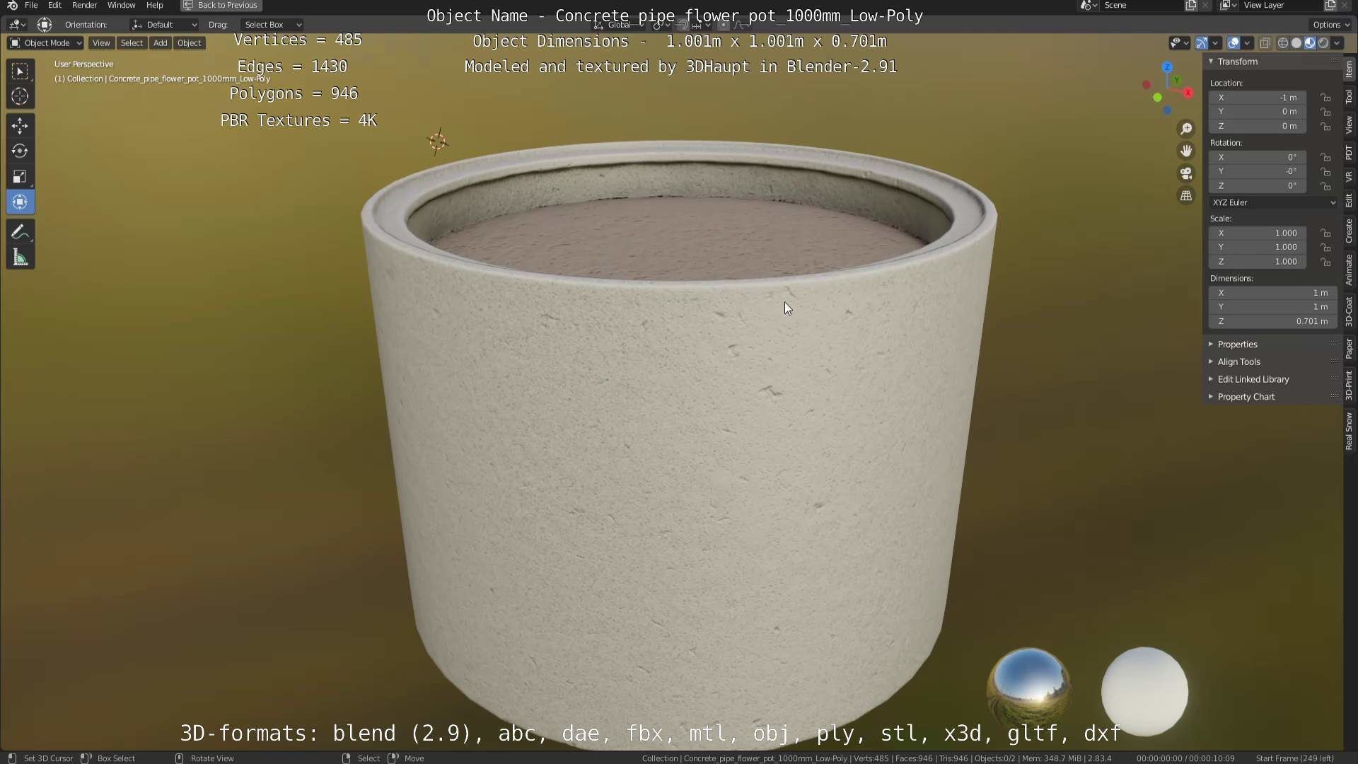 Concrete Pipe Flower Pot 1000mm Low-Poly Low-poly 3D model_45