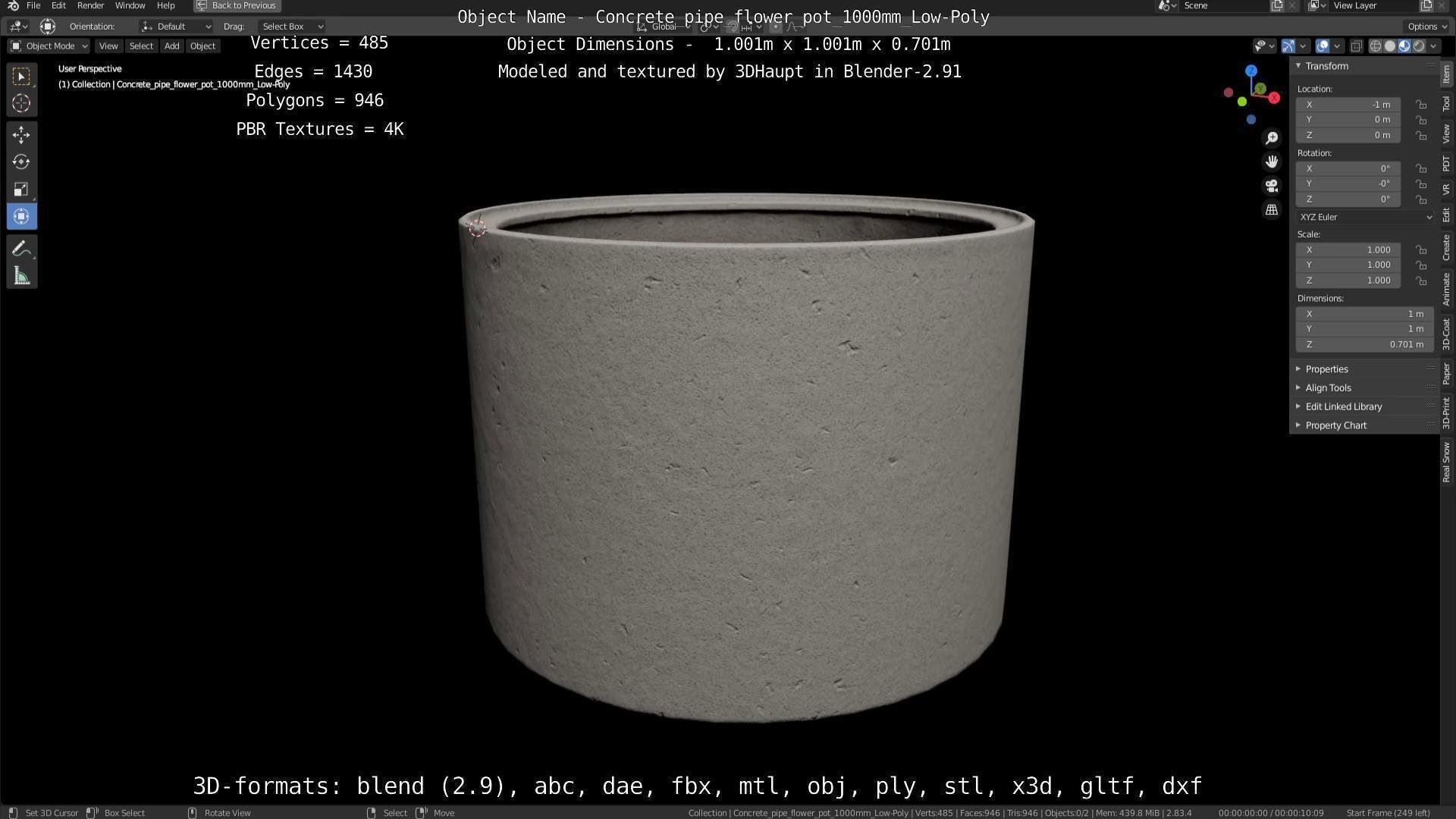 Concrete Pipe Flower Pot 1000mm Low-Poly Low-poly 3D model_31