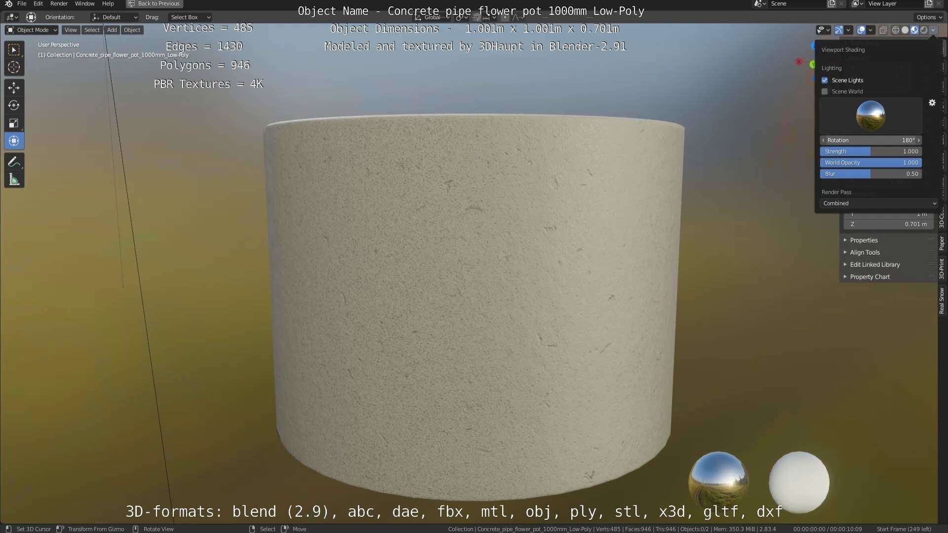 Concrete Pipe Flower Pot 1000mm Low-Poly Low-poly 3D model_54