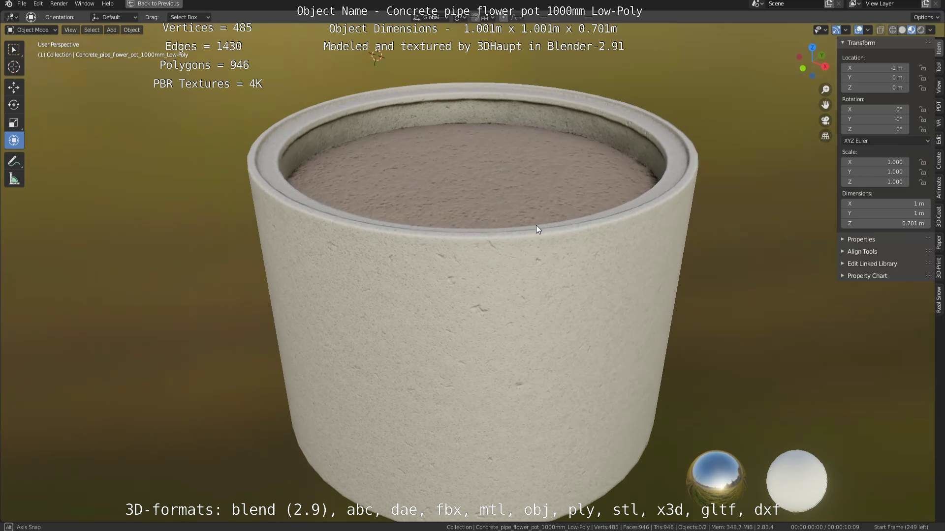 Concrete Pipe Flower Pot 1000mm Low-Poly Low-poly 3D model_56