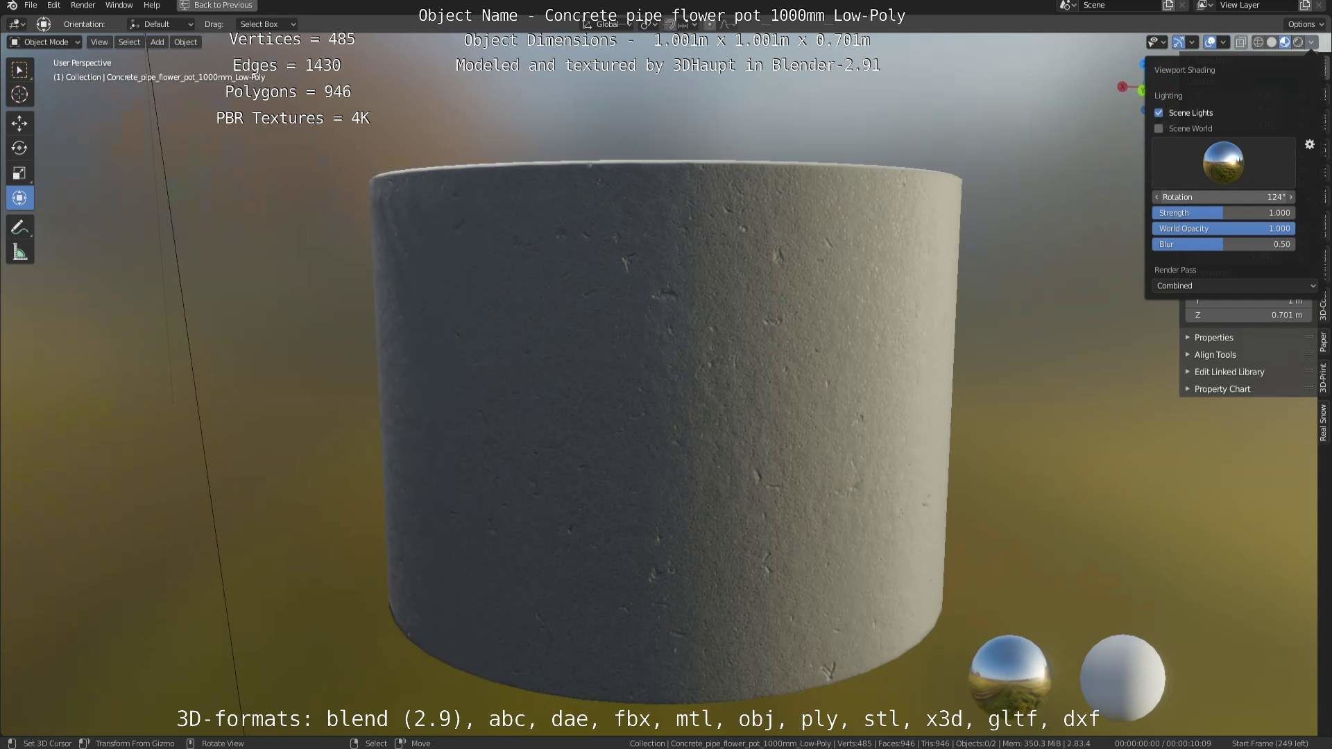 Concrete Pipe Flower Pot 1000mm Low-Poly Low-poly 3D model_57