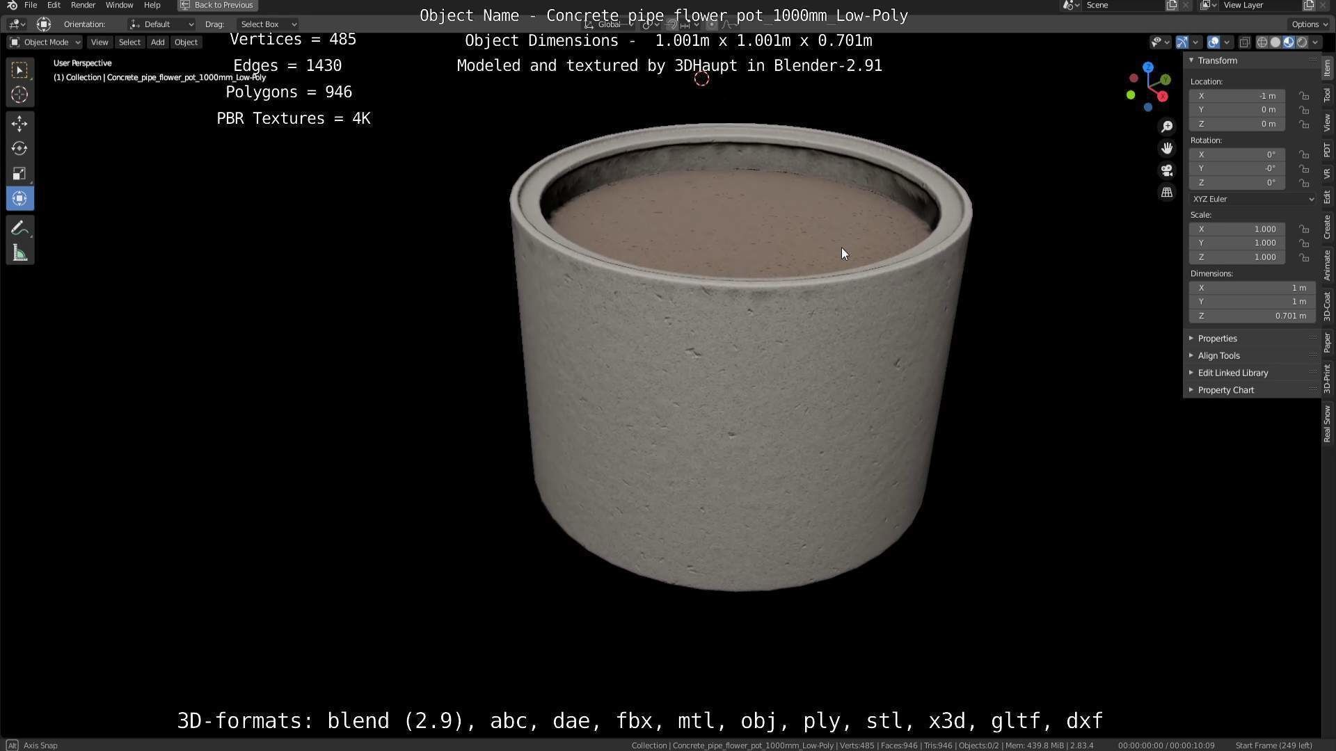 Concrete Pipe Flower Pot 1000mm Low-Poly Low-poly 3D model_126