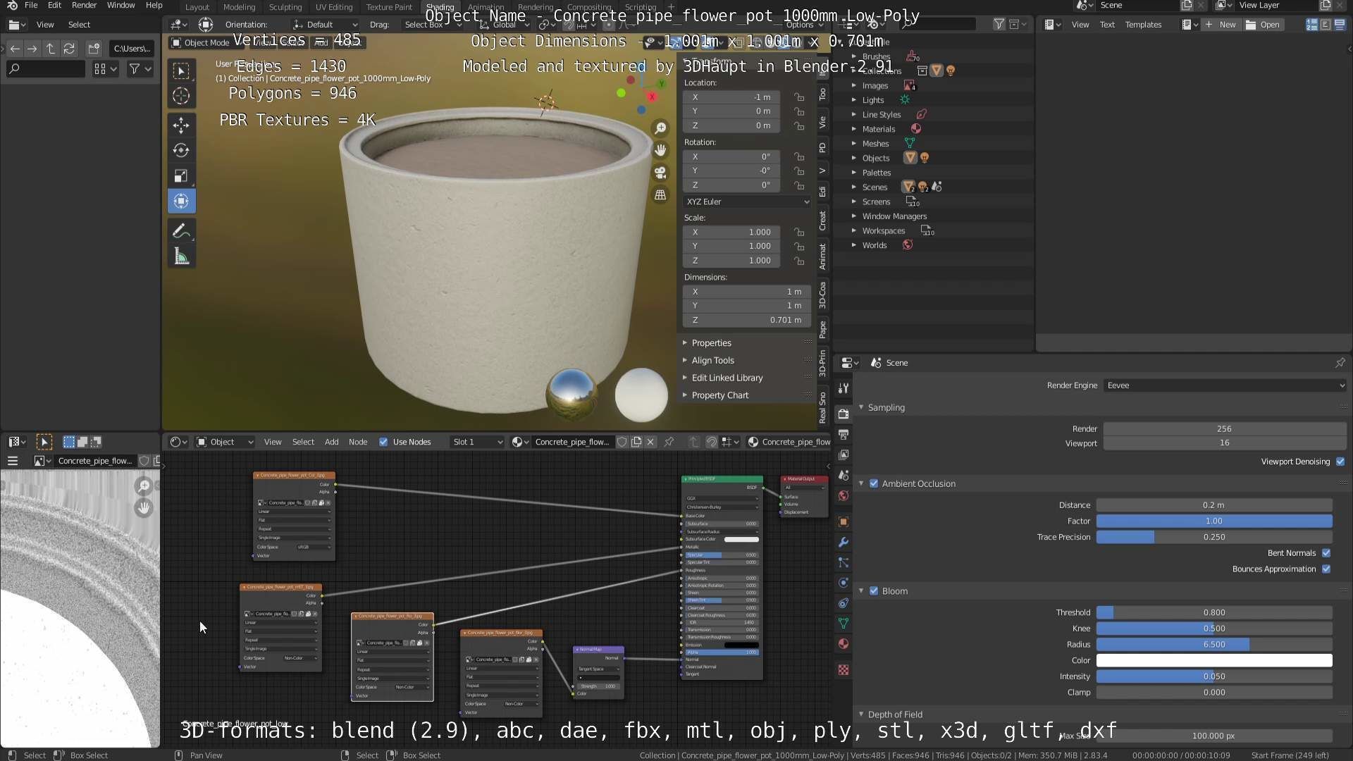 Concrete Pipe Flower Pot 1000mm Low-Poly Low-poly 3D model_44