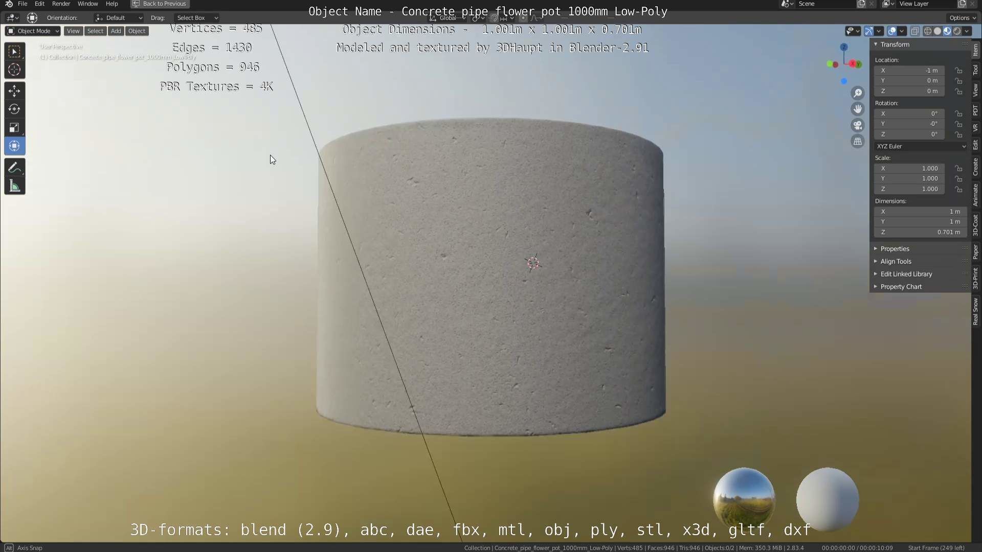 Concrete Pipe Flower Pot 1000mm Low-Poly Low-poly 3D model_69