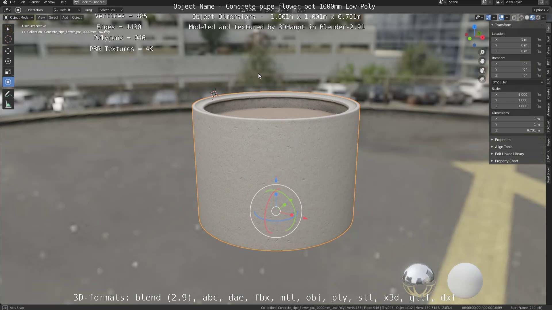 Concrete Pipe Flower Pot 1000mm Low-Poly Low-poly 3D model_104