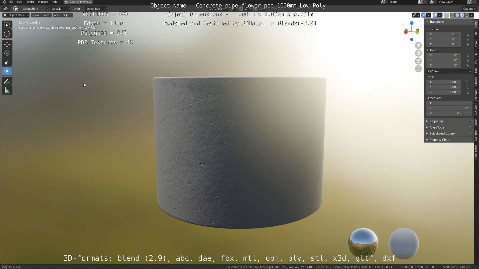 Concrete Pipe Flower Pot 1000mm Low-Poly Low-poly 3D model_70