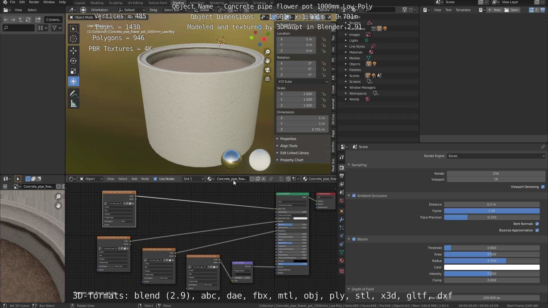 Concrete Pipe Flower Pot 1000mm Low-Poly Low-poly 3D model_100