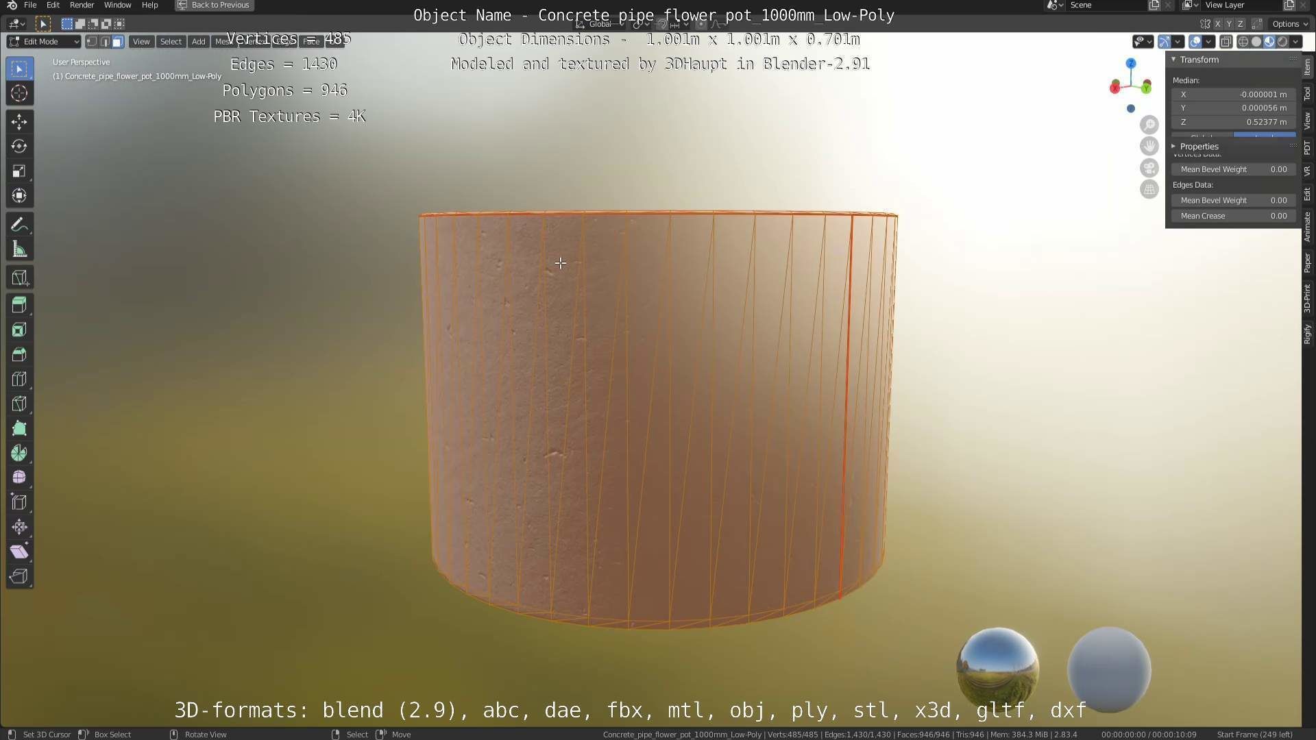 Concrete Pipe Flower Pot 1000mm Low-Poly Low-poly 3D model_74