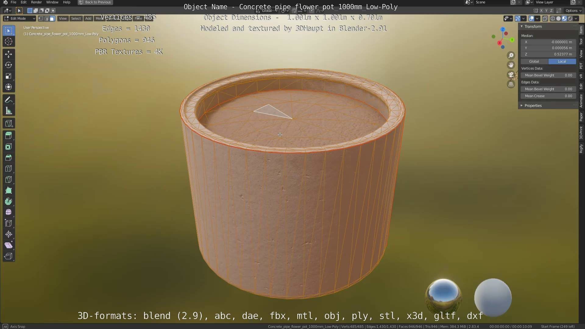 Concrete Pipe Flower Pot 1000mm Low-Poly Low-poly 3D model_76
