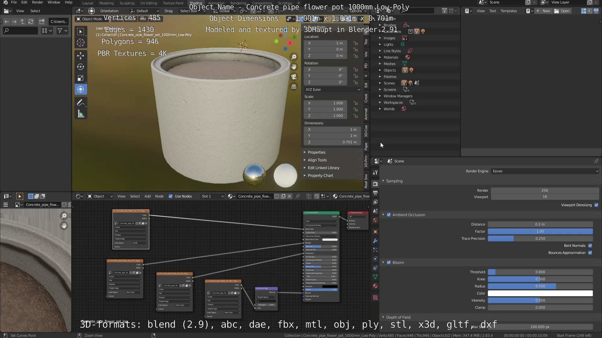 Concrete Pipe Flower Pot 1000mm Low-Poly Low-poly 3D model_89