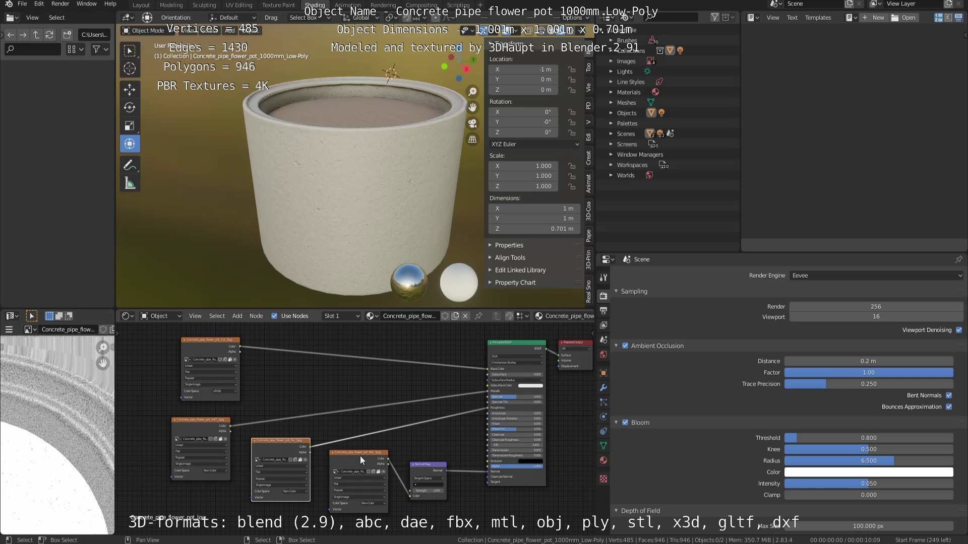 Concrete Pipe Flower Pot 1000mm Low-Poly Low-poly 3D model_50