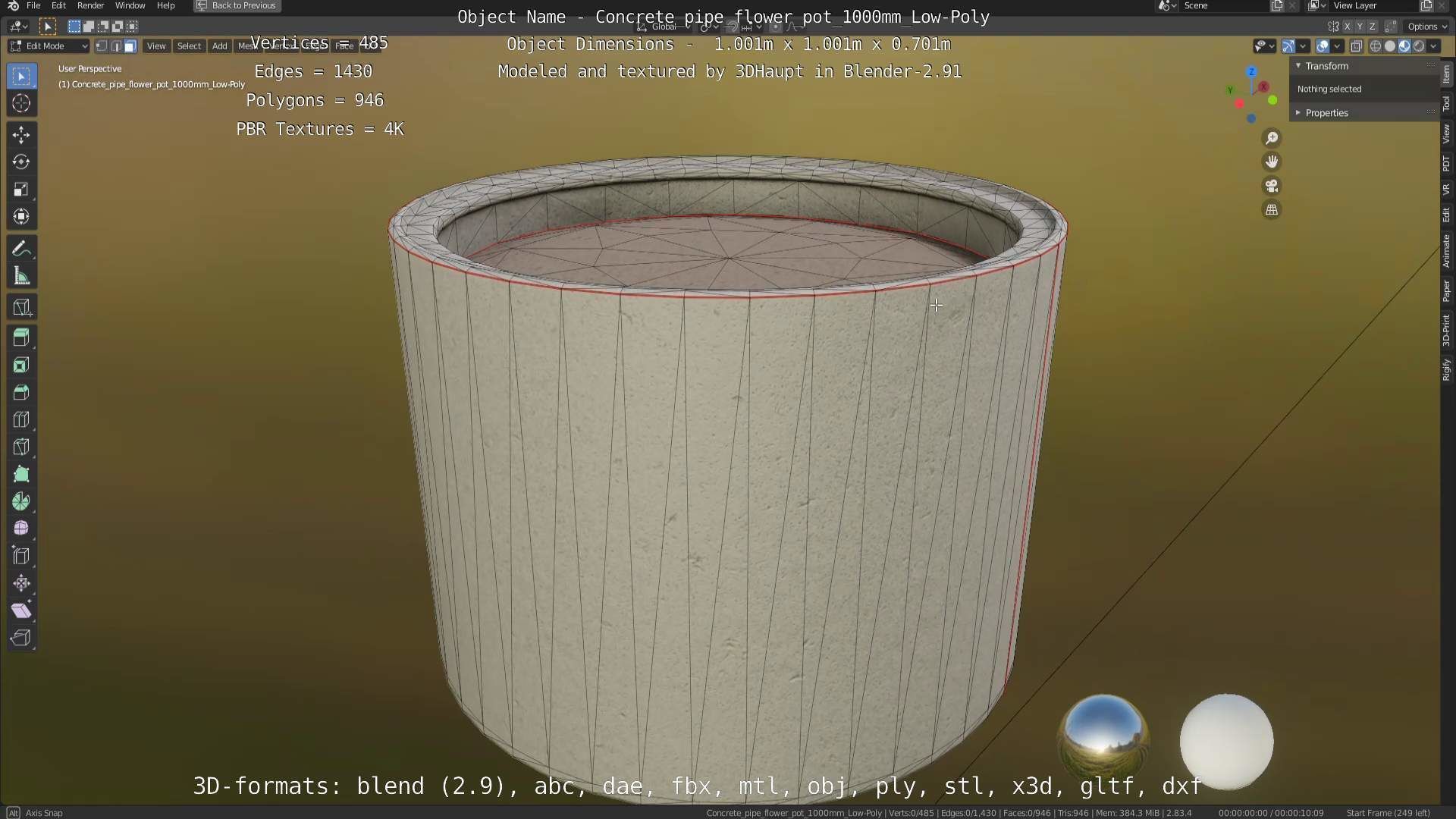 Concrete Pipe Flower Pot 1000mm Low-Poly Low-poly 3D model_83
