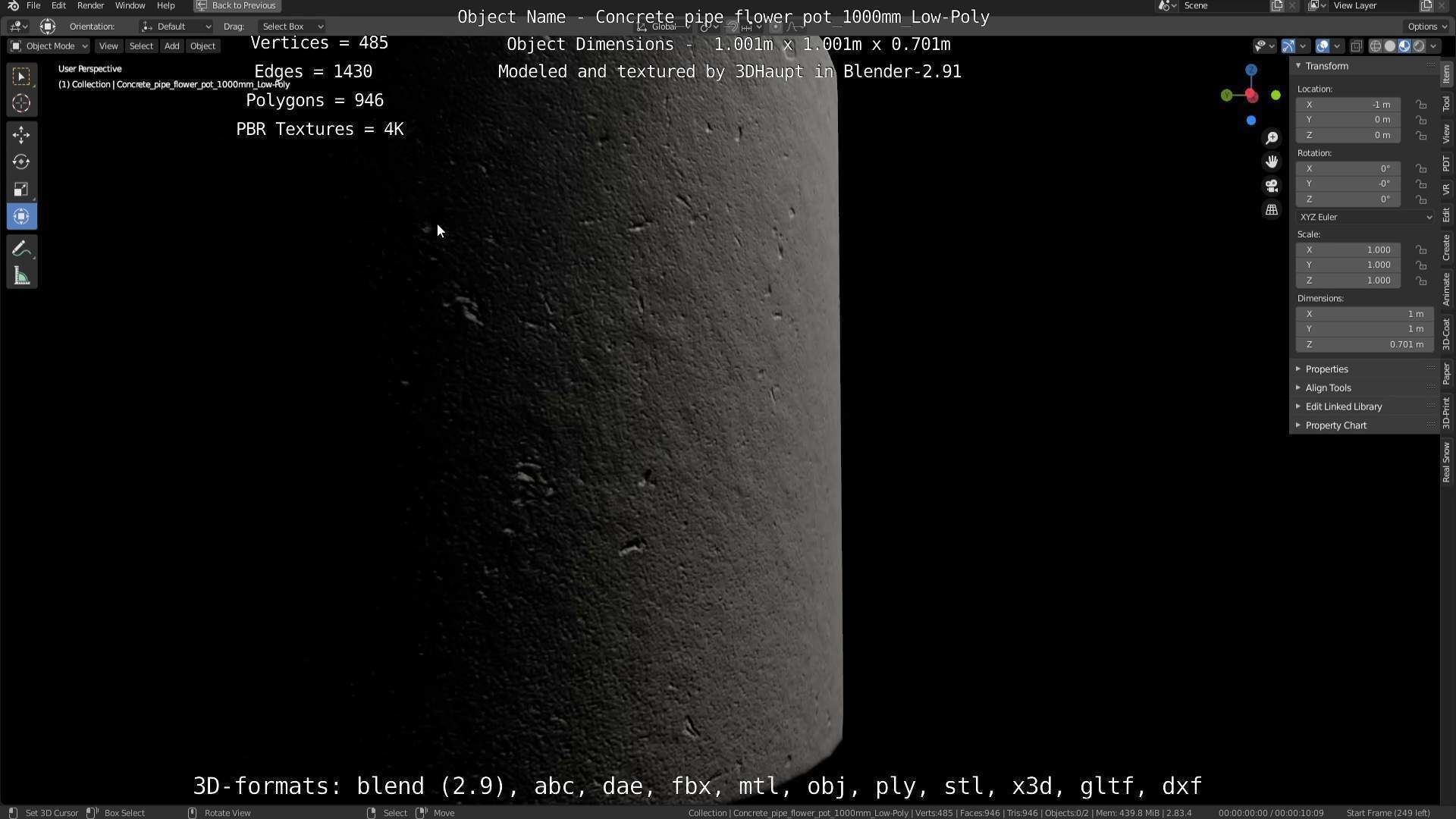 Concrete Pipe Flower Pot 1000mm Low-Poly Low-poly 3D model_23