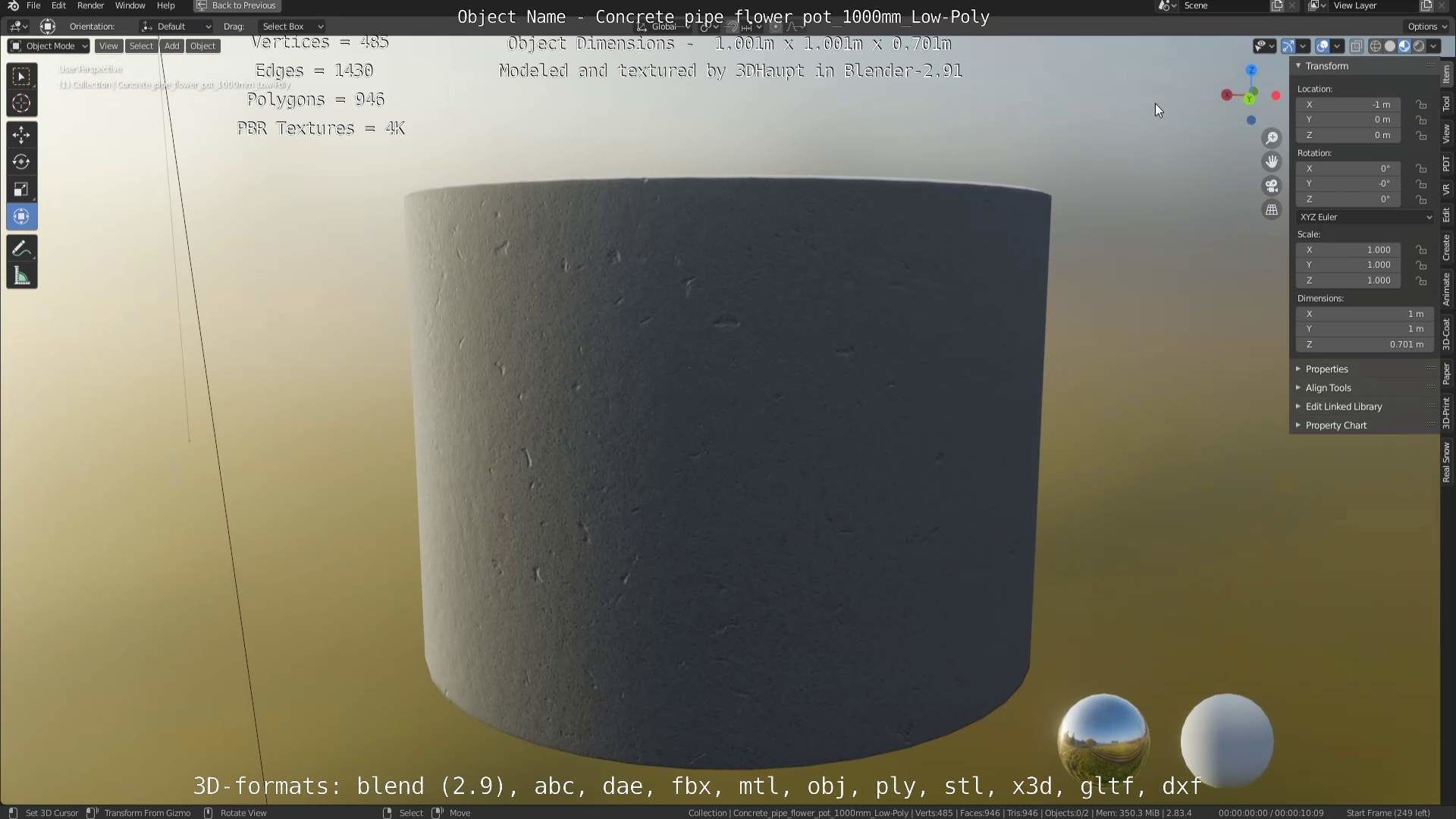 Concrete Pipe Flower Pot 1000mm Low-Poly Low-poly 3D model_53