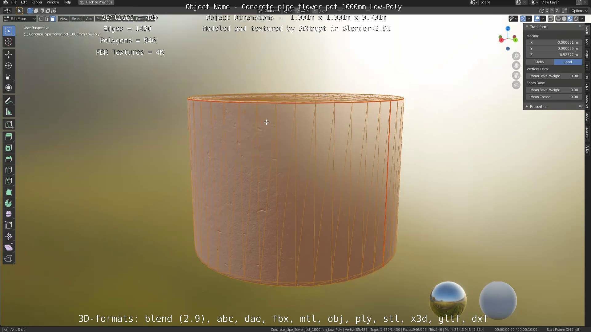 Concrete Pipe Flower Pot 1000mm Low-Poly Low-poly 3D model_75