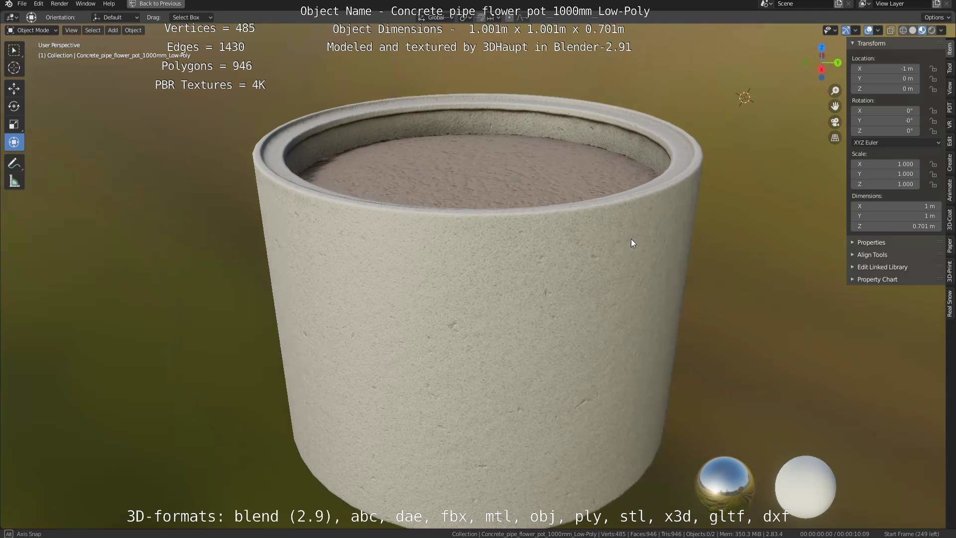 Concrete Pipe Flower Pot 1000mm Low-Poly Low-poly 3D model_7
