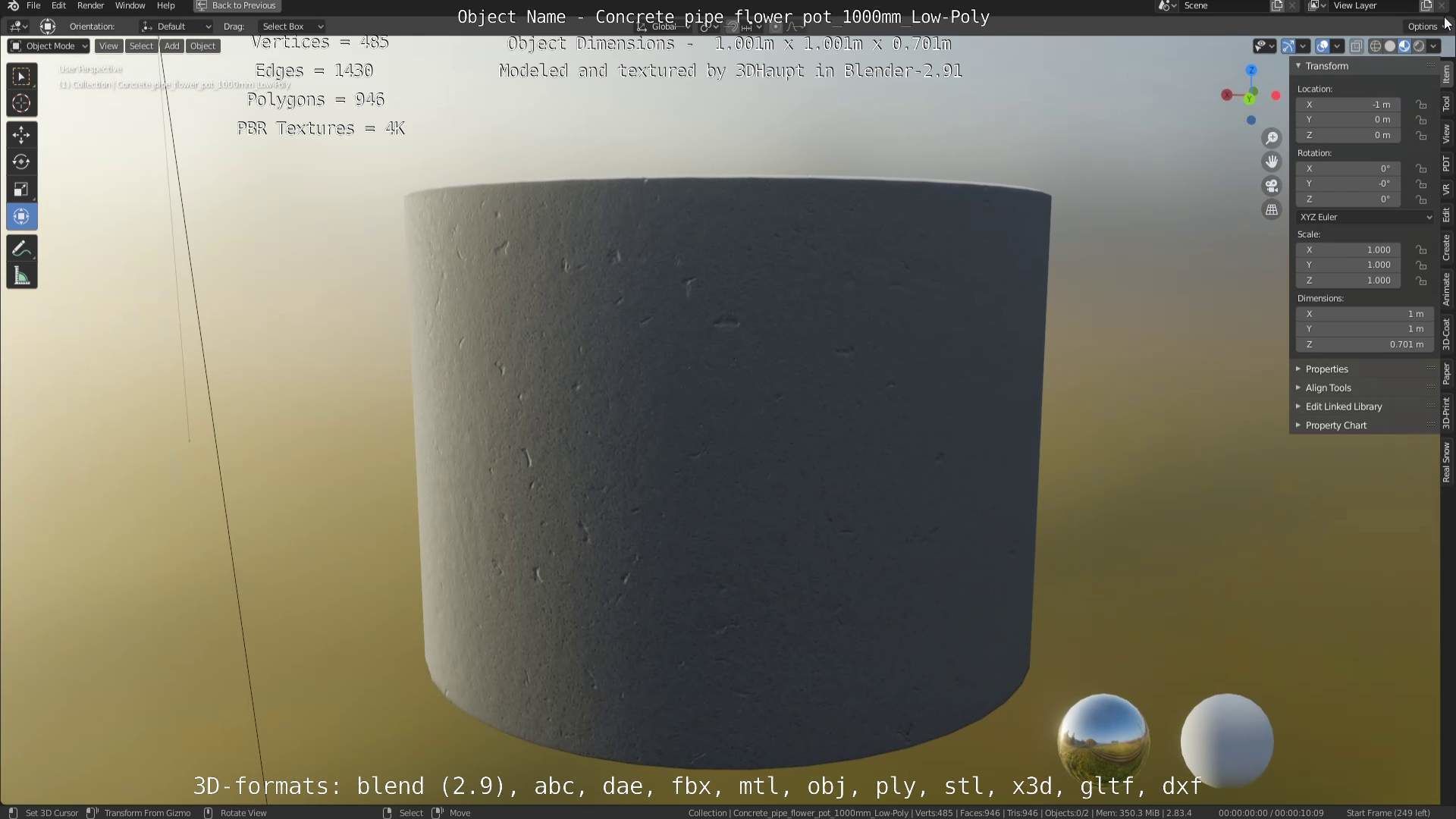 Concrete Pipe Flower Pot 1000mm Low-Poly Low-poly 3D model_9