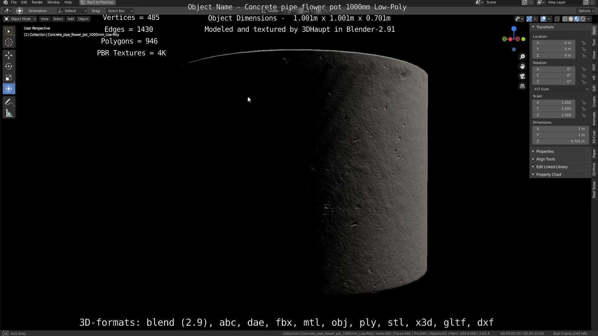 Concrete Pipe Flower Pot 1000mm Low-Poly Low-poly 3D model_117