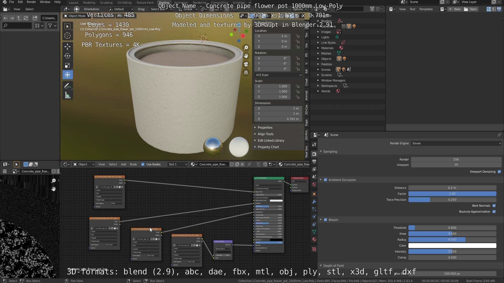 Concrete Pipe Flower Pot 1000mm Low-Poly Low-poly 3D model_41