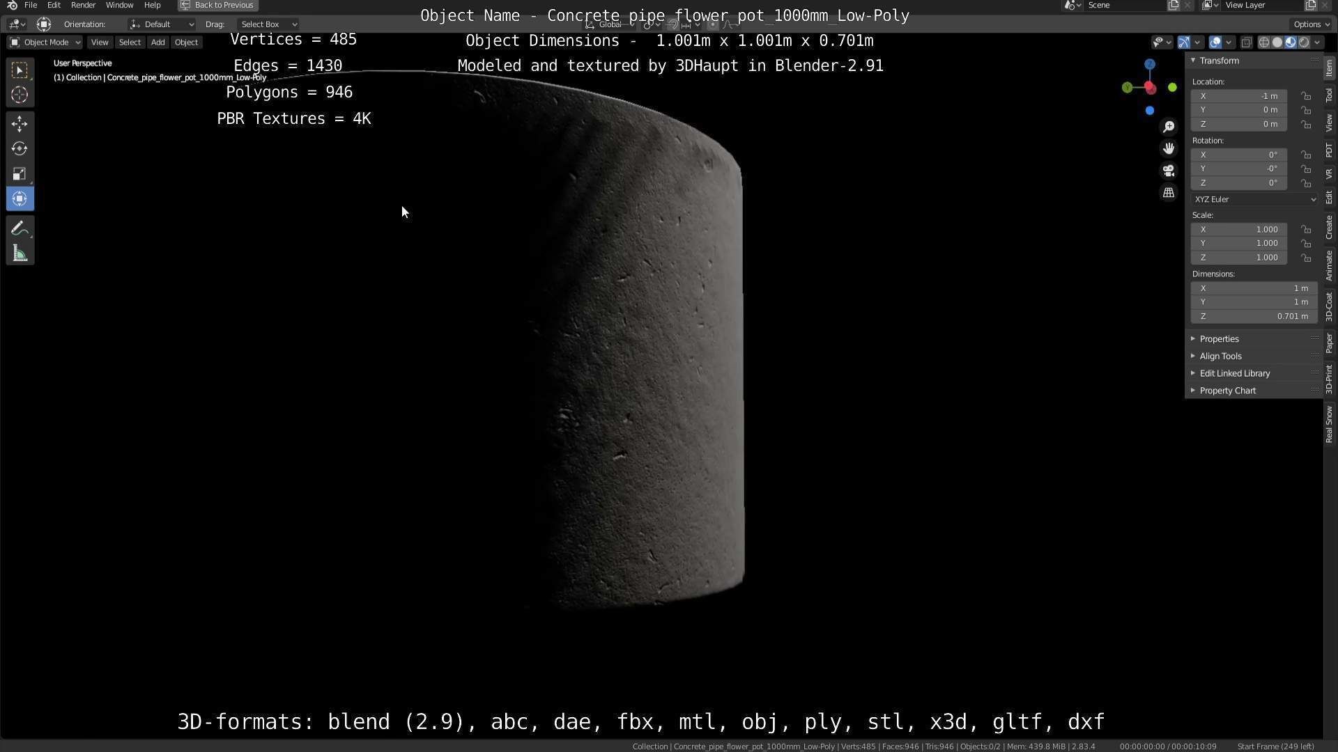 Concrete Pipe Flower Pot 1000mm Low-Poly Low-poly 3D model_120
