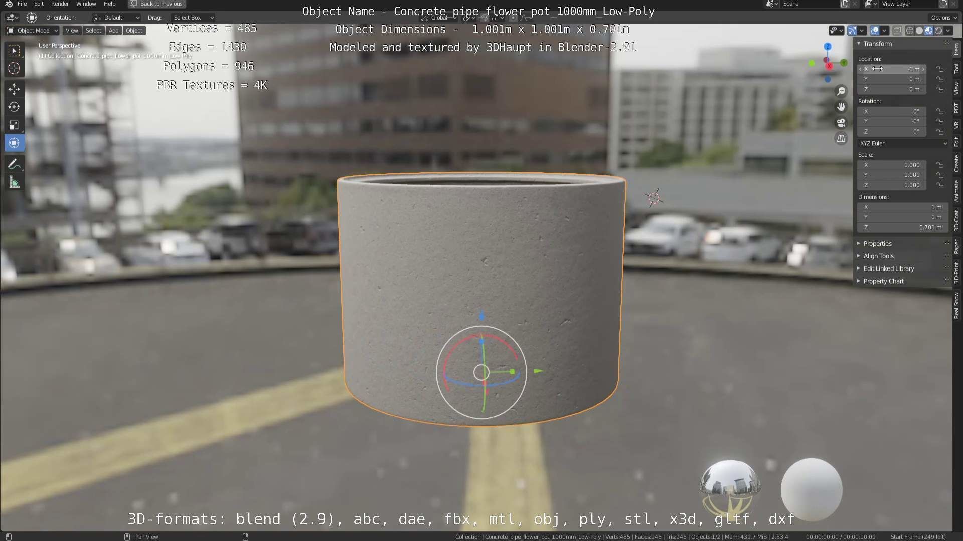 Concrete Pipe Flower Pot 1000mm Low-Poly Low-poly 3D model_106