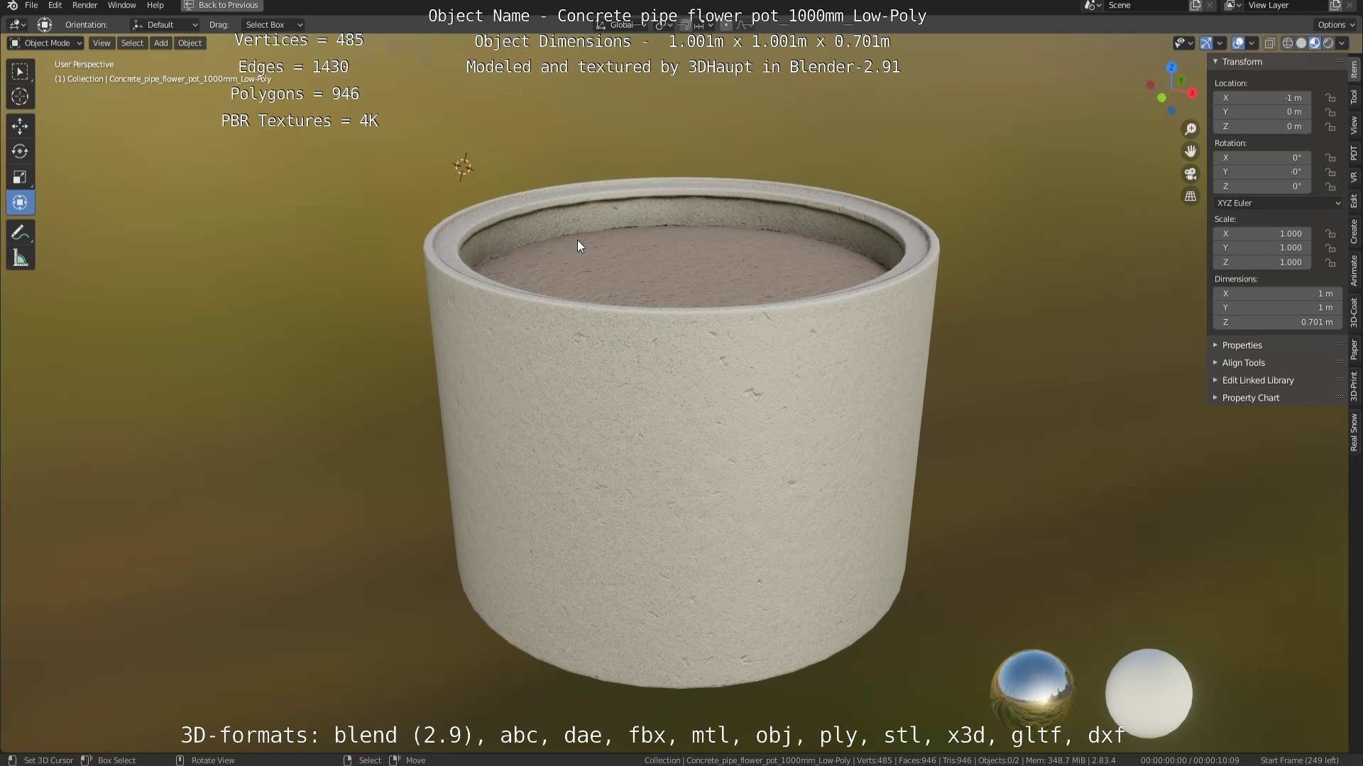 Concrete Pipe Flower Pot 1000mm Low-Poly Low-poly 3D model_27