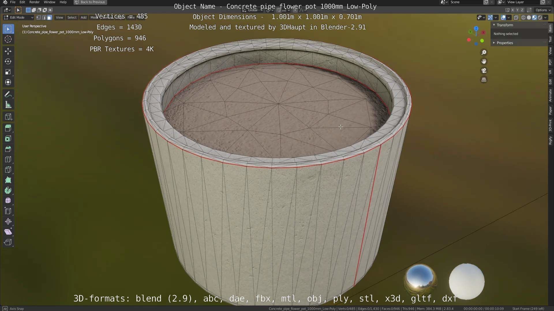 Concrete Pipe Flower Pot 1000mm Low-Poly Low-poly 3D model_14