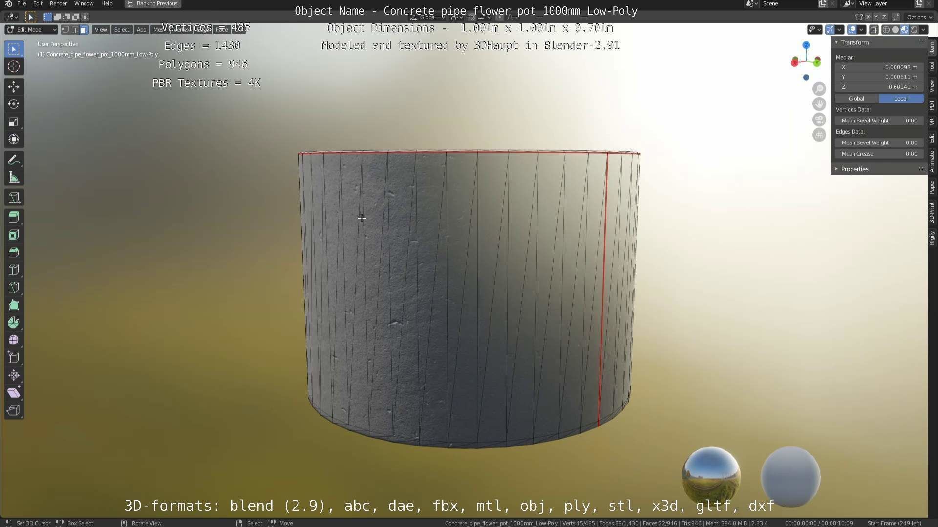 Concrete Pipe Flower Pot 1000mm Low-Poly Low-poly 3D model_72
