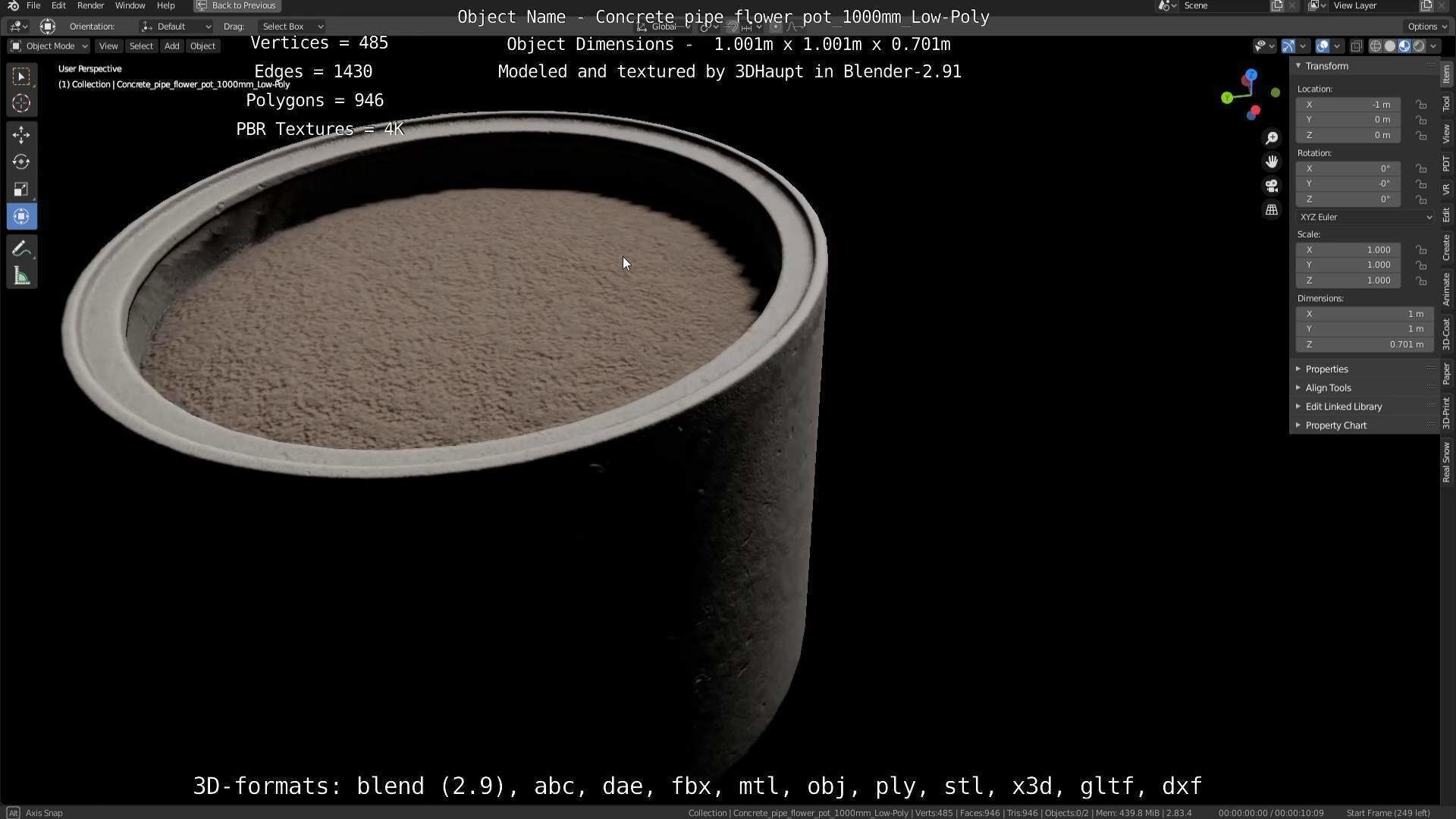 Concrete Pipe Flower Pot 1000mm Low-Poly Low-poly 3D model_124