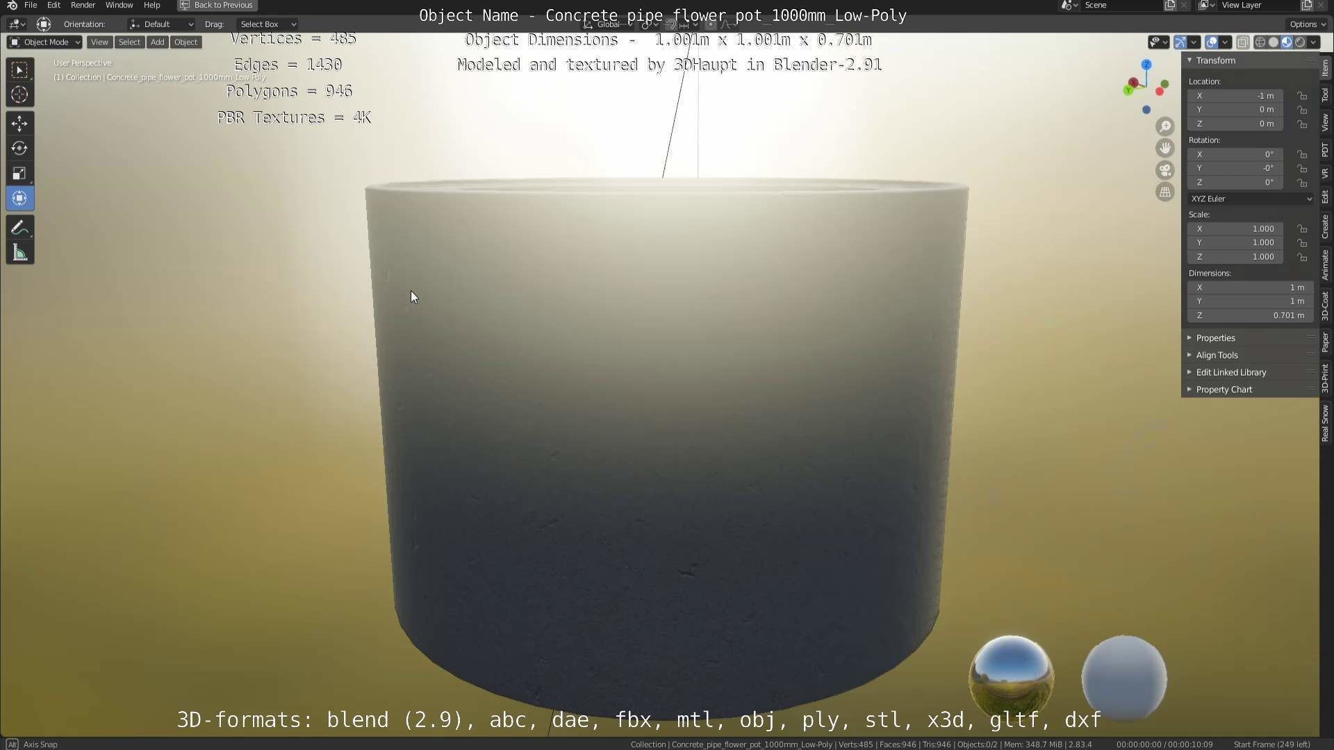 Concrete Pipe Flower Pot 1000mm Low-Poly Low-poly 3D model_29