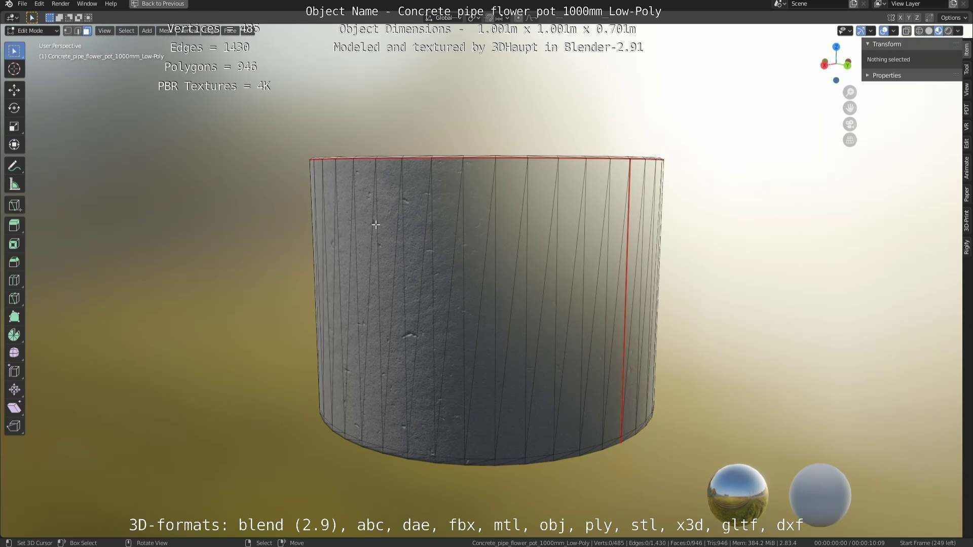 Concrete Pipe Flower Pot 1000mm Low-Poly Low-poly 3D model_73
