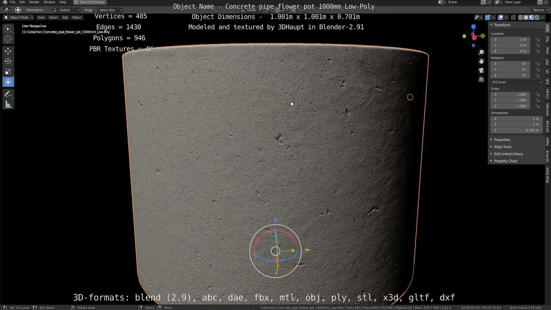 Concrete Pipe Flower Pot 1000mm Low-Poly Low-poly 3D model_113