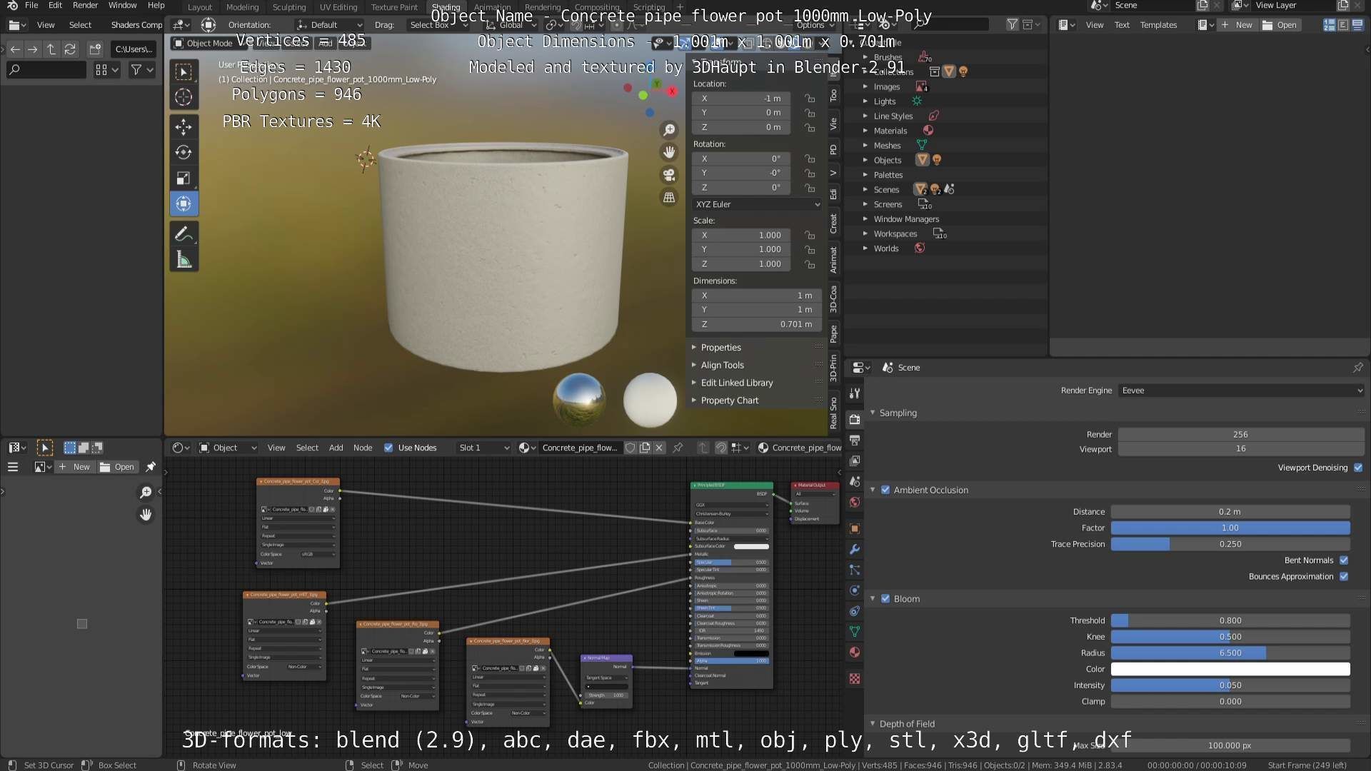 Concrete Pipe Flower Pot 1000mm Low-Poly Low-poly 3D model_26