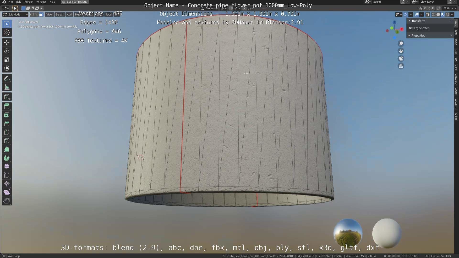 Concrete Pipe Flower Pot 1000mm Low-Poly Low-poly 3D model_88