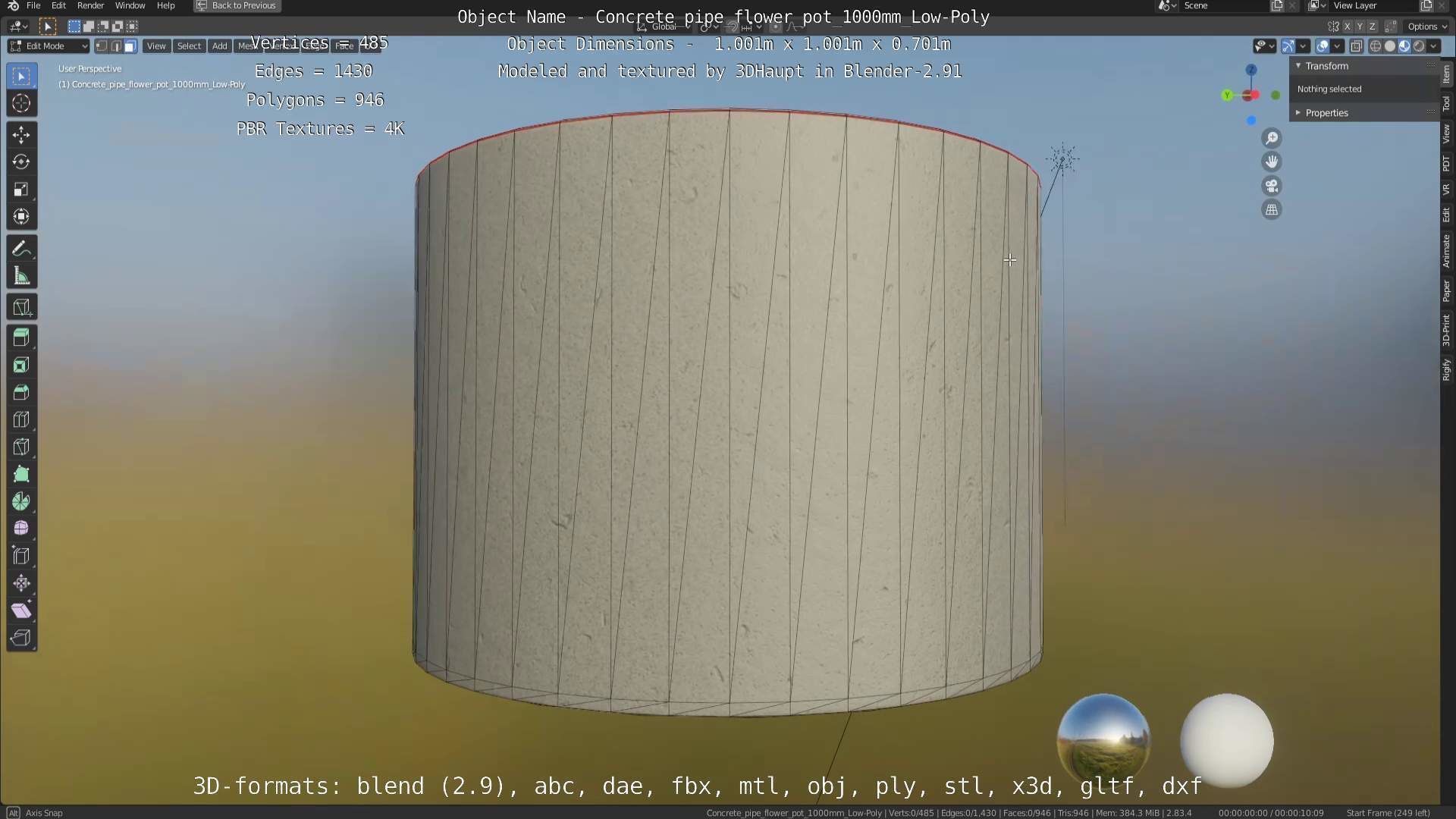 Concrete Pipe Flower Pot 1000mm Low-Poly Low-poly 3D model_85