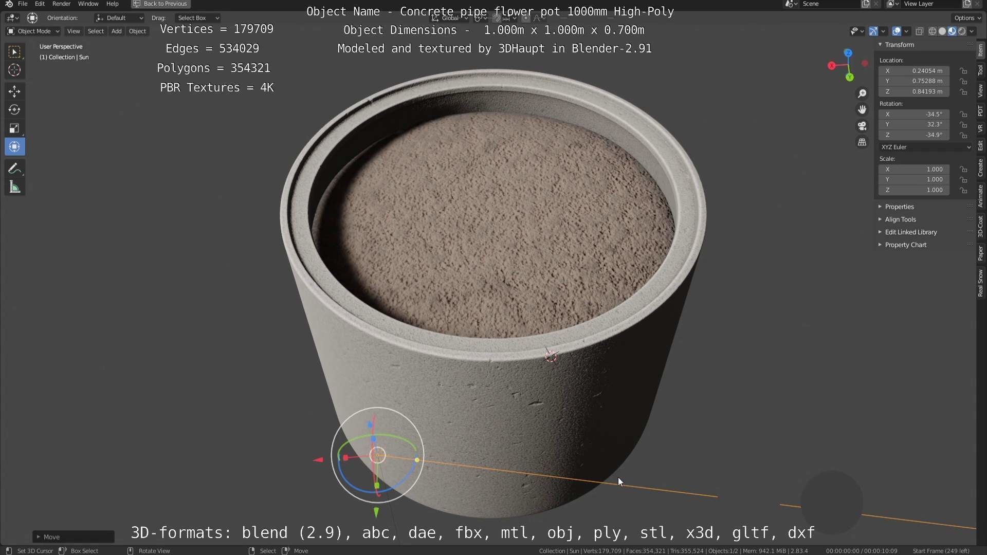 Concrete Pipe Flower Pot 1000mm High-Poly 3D model_7