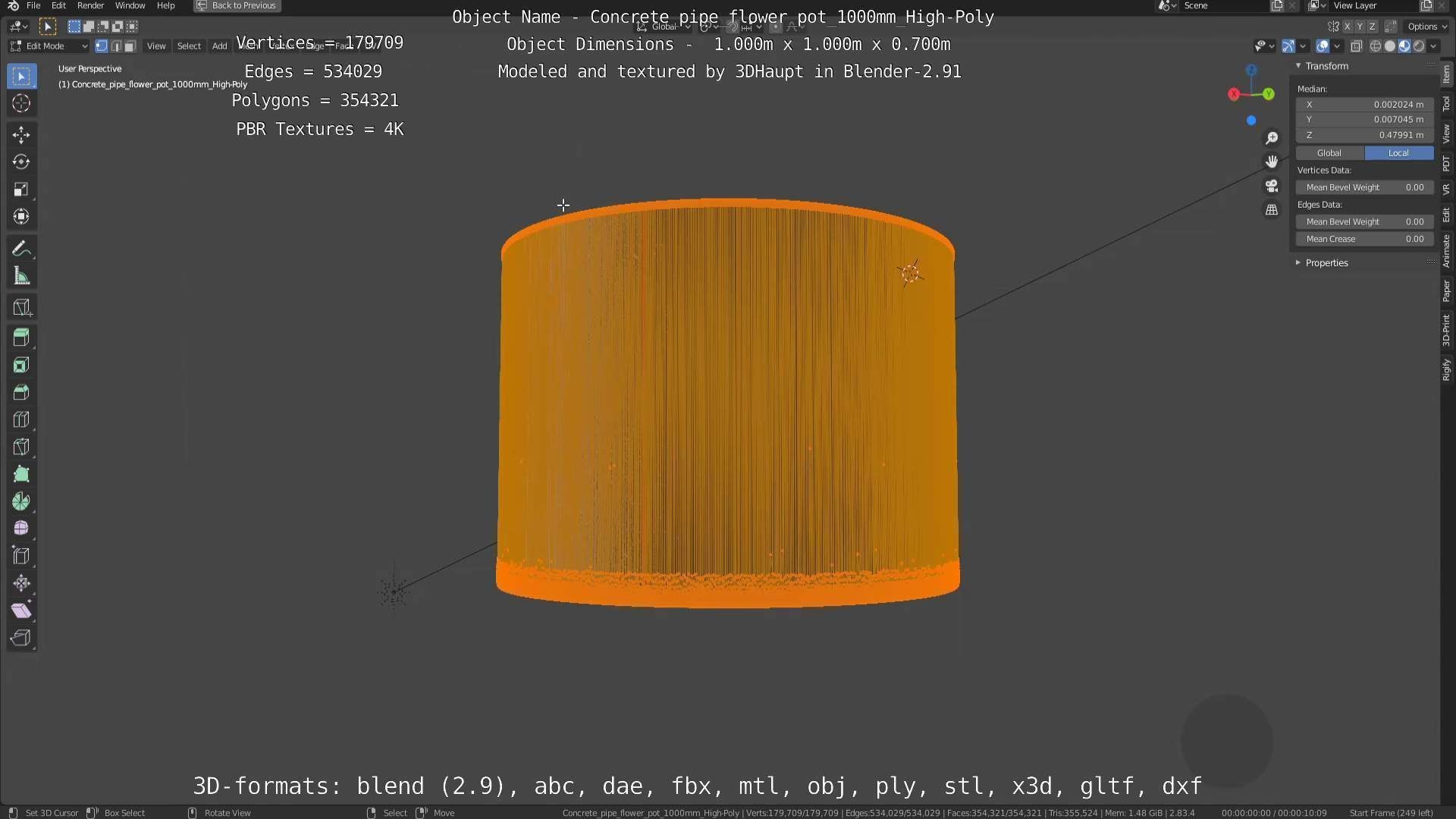 Concrete Pipe Flower Pot 1000mm High-Poly 3D model_22