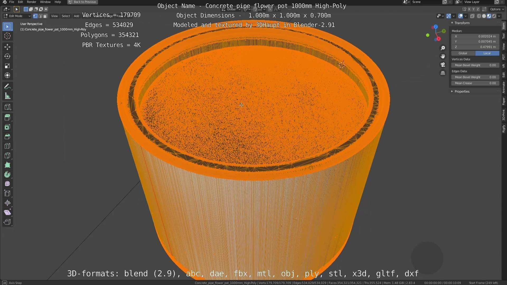 Concrete Pipe Flower Pot 1000mm High-Poly 3D model_23