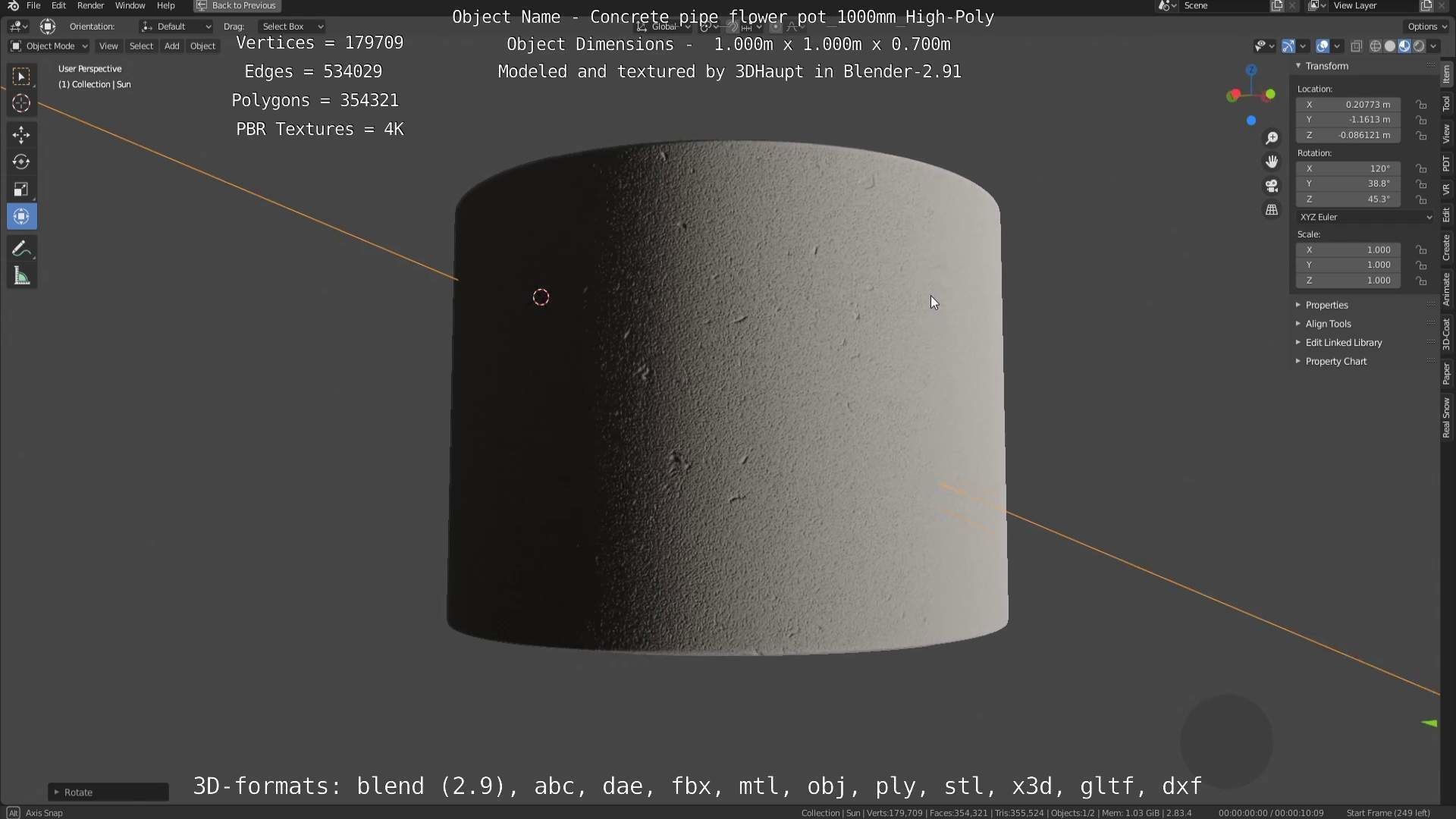Concrete Pipe Flower Pot 1000mm High-Poly 3D model_18