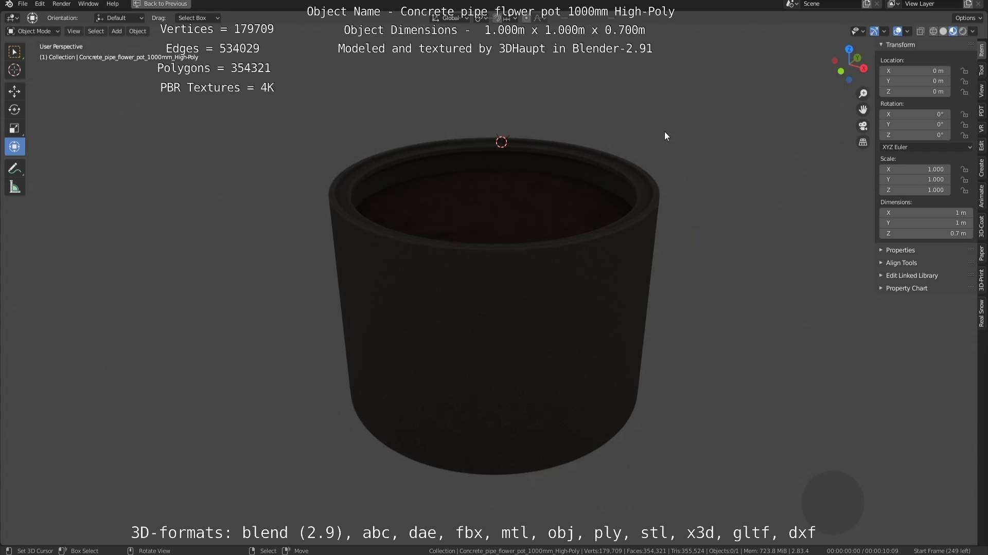 Concrete Pipe Flower Pot 1000mm High-Poly 3D model_13