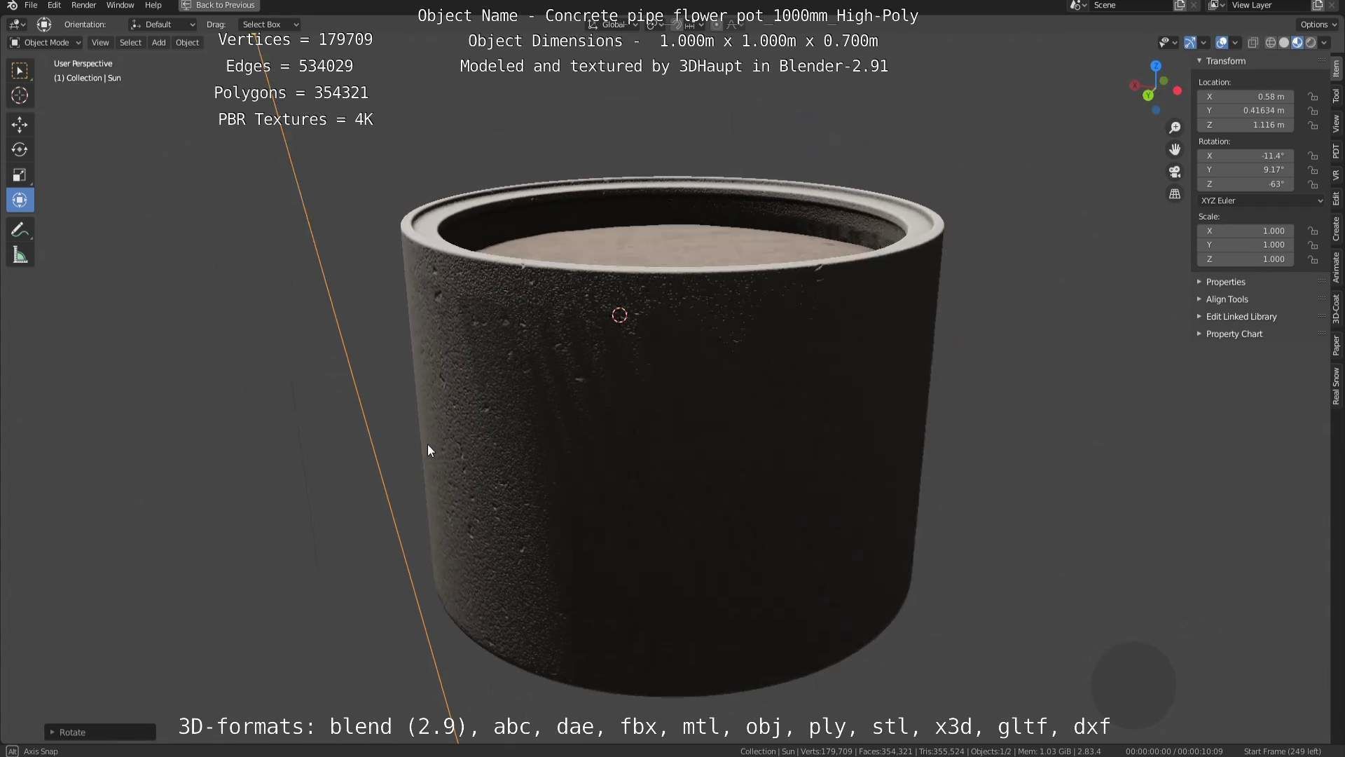 Concrete Pipe Flower Pot 1000mm High-Poly 3D model_10