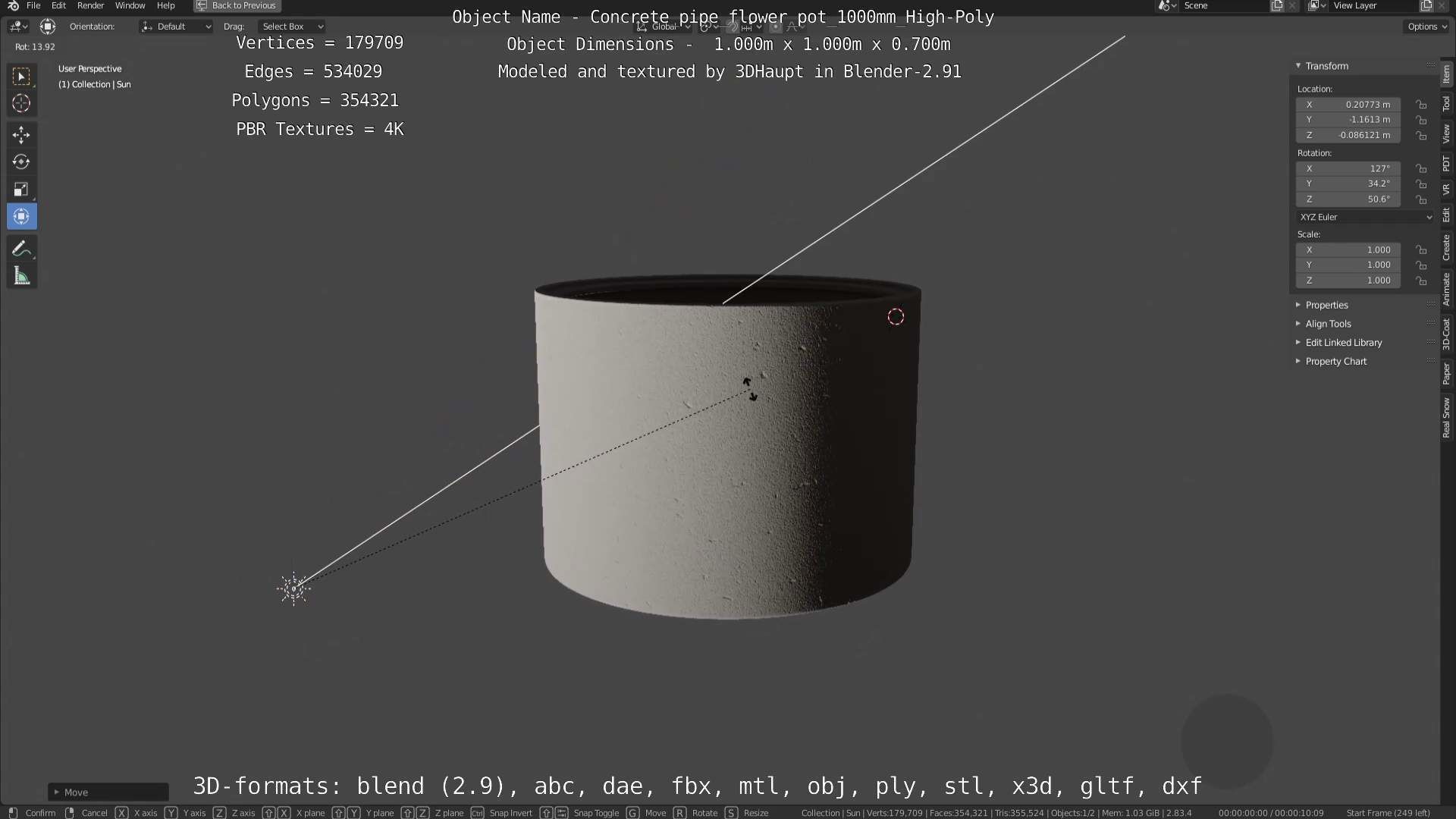 Concrete Pipe Flower Pot 1000mm High-Poly 3D model_16